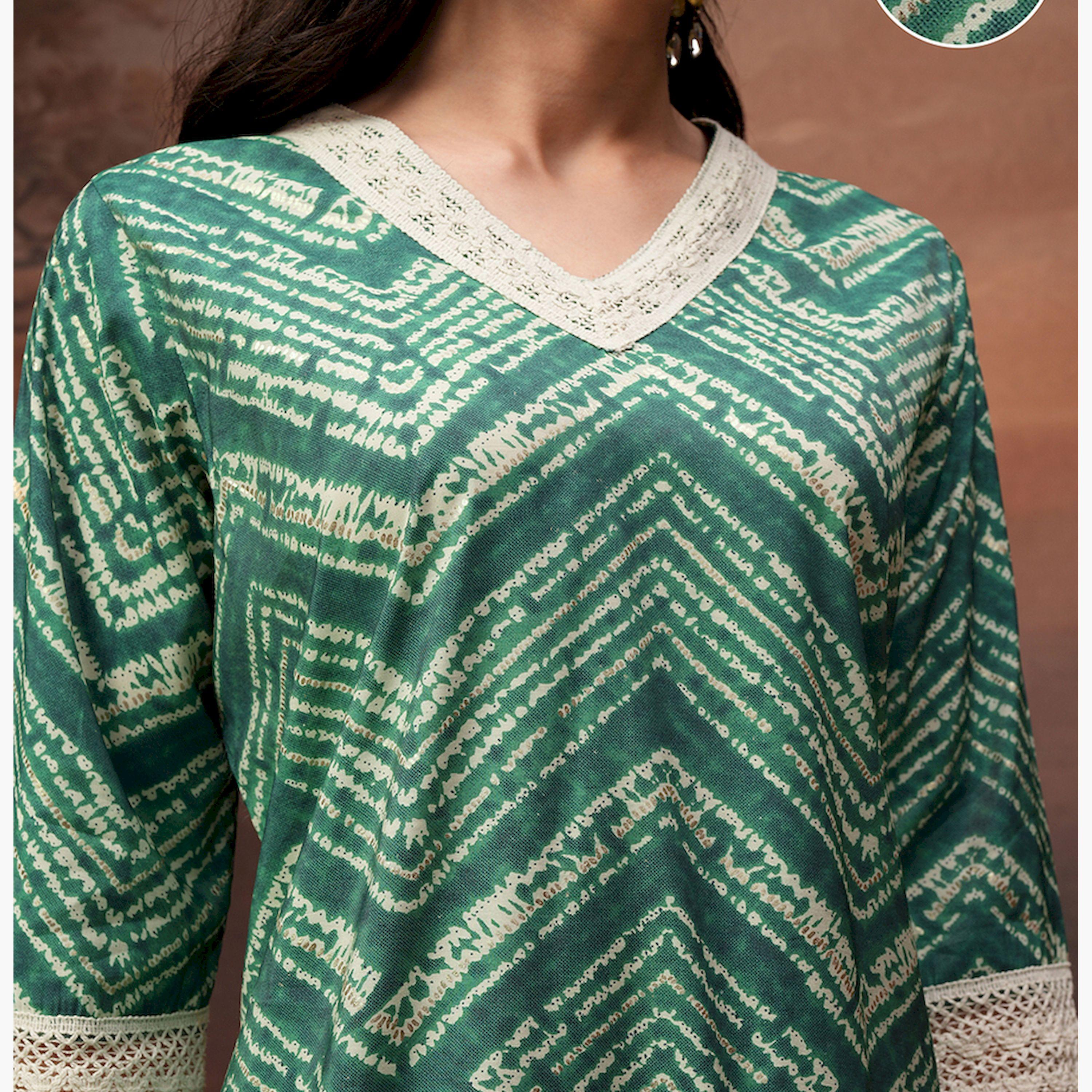 فيشود × ستايلي - تونيك مطبوع بفتحة رقبة V وأكمام ثلاثة أرباع مع بنطال - أخضر-women-clothing-coordsets-image-5