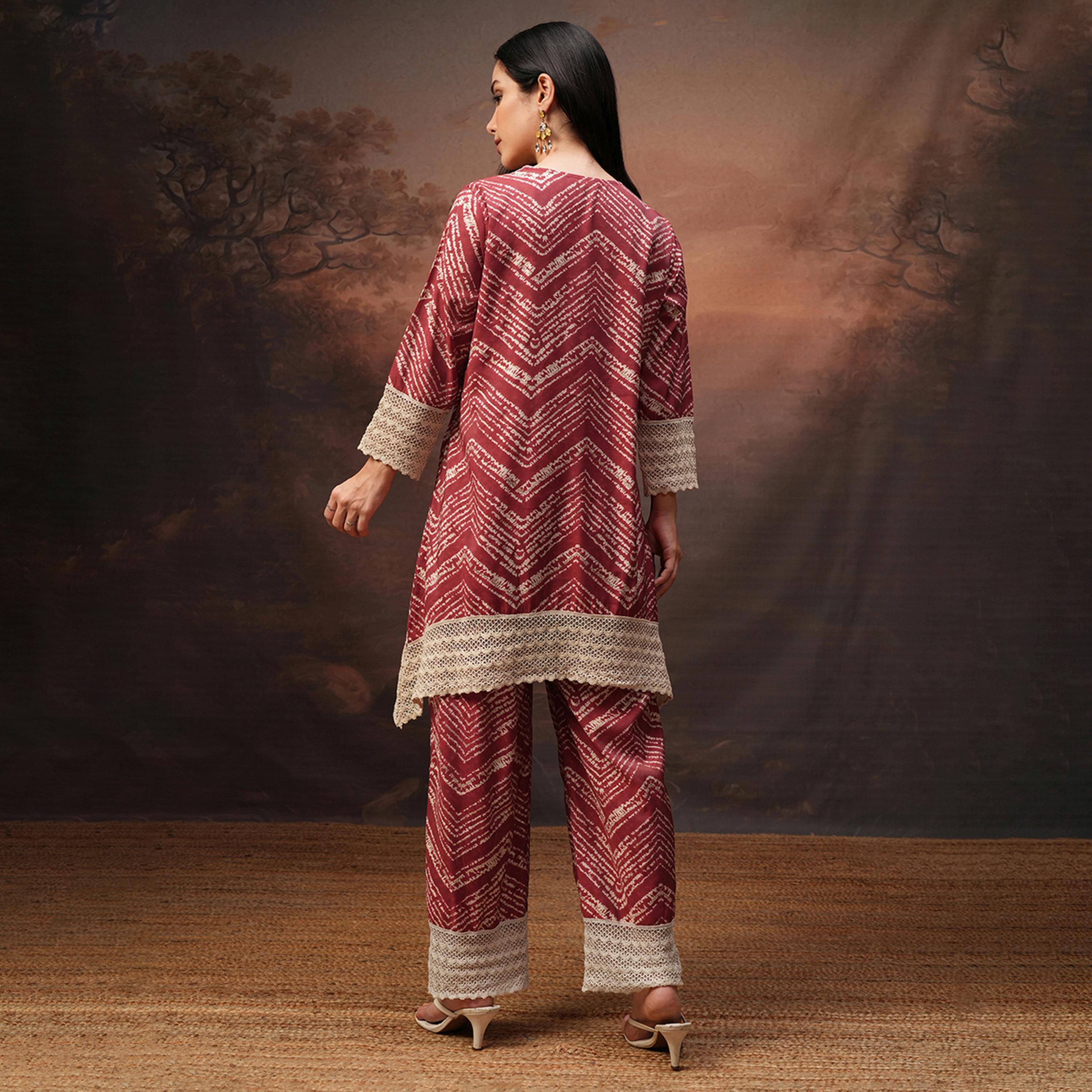 فيشود × ستايلي - تونيك بطبعة زهور بفتحة رقبة V وأكمام ثلاثة أرباع مع بنطال-women-clothing-coordsets-image-3