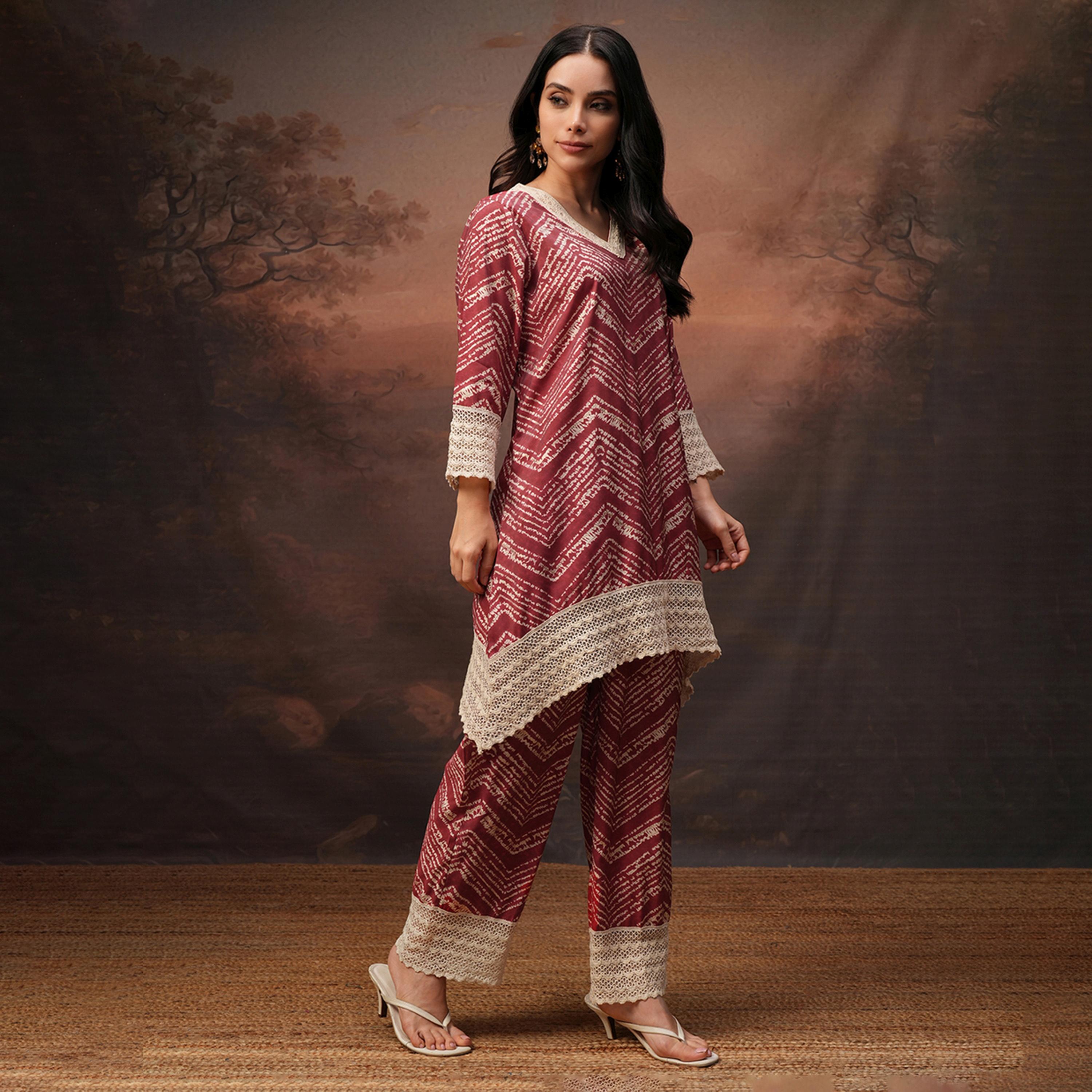 Vishudh X Styli Rose Printed V-Neck Three-Quarter Sleeves Tunic With Trouser-women-clothing-coordsets-image-4