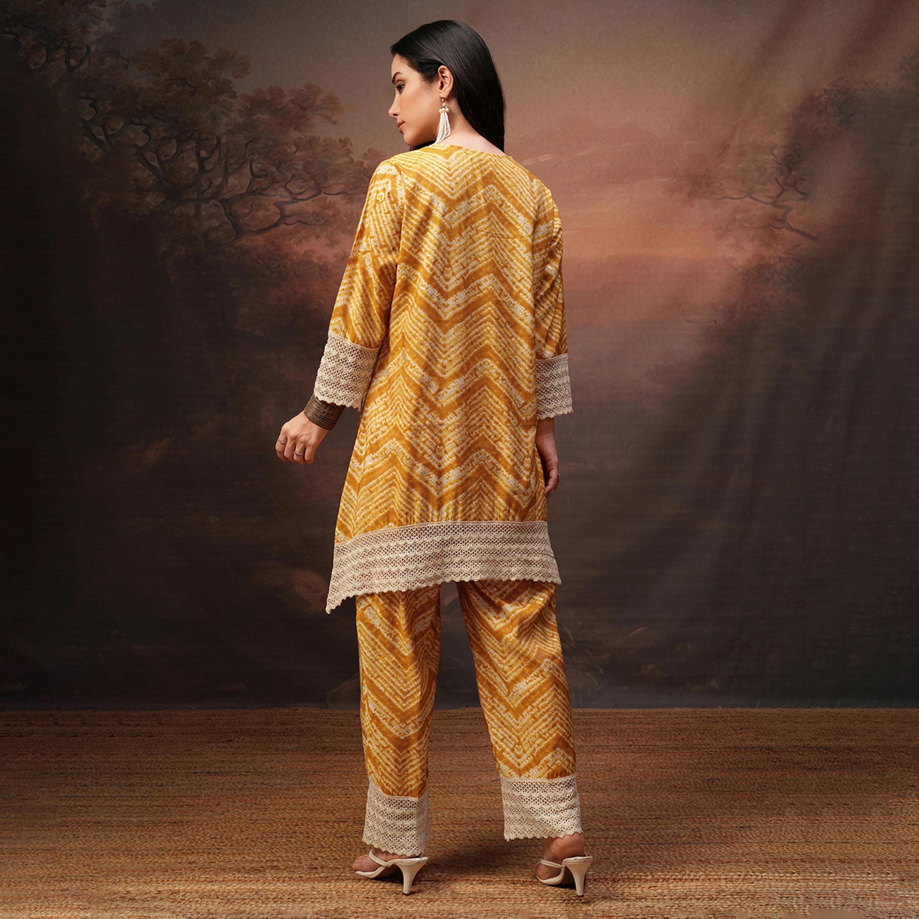 Vishudh X Styli Yellow Printed V-Neck Three-Quarter Sleeves Tunic With Trouser-women-clothing-coordsets-image-3