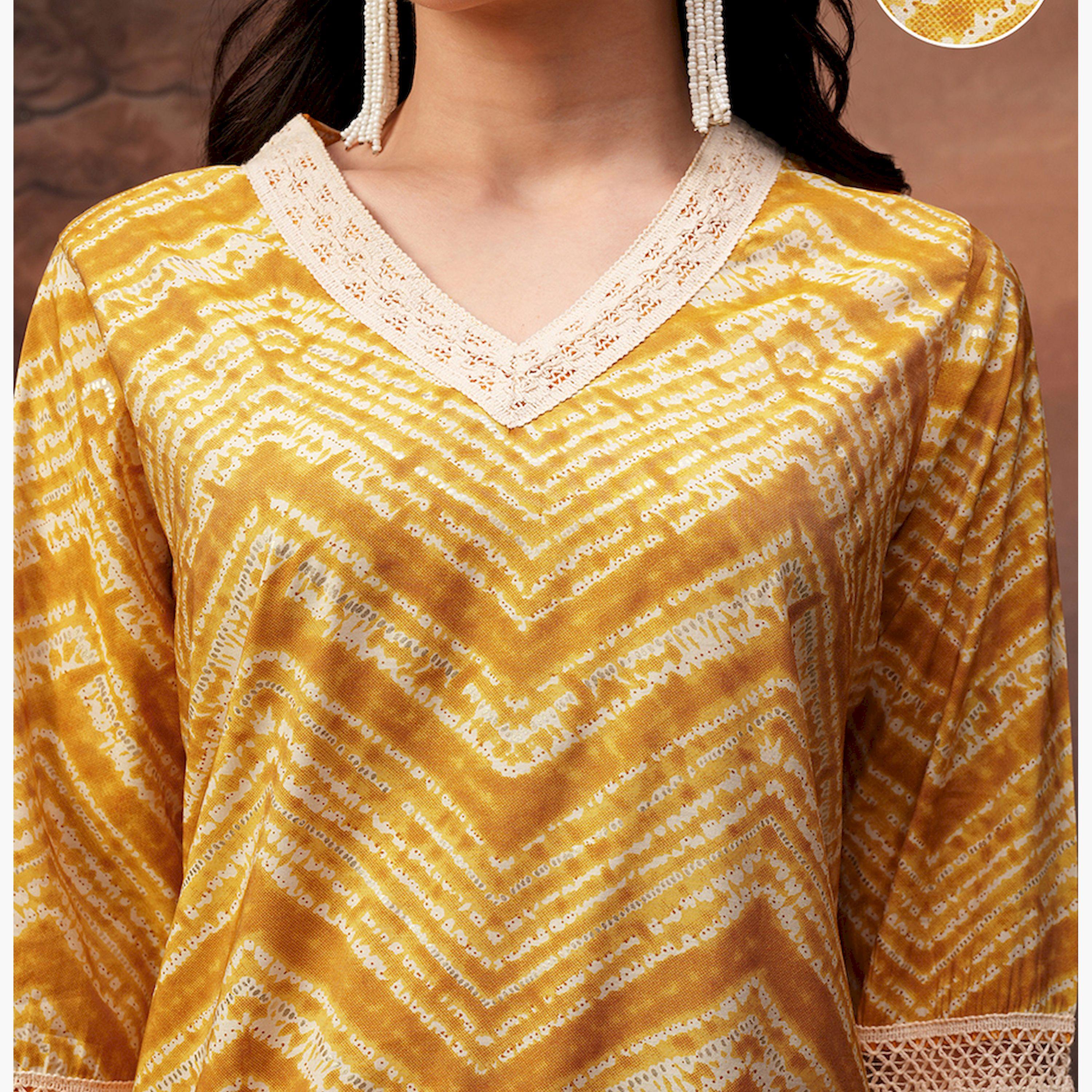 فيشود × ستايلي - تونيك مطبوع بفتحة رقبة V وأكمام ثلاثة أرباع مع بنطال - أصفر-women-clothing-coordsets-image-5