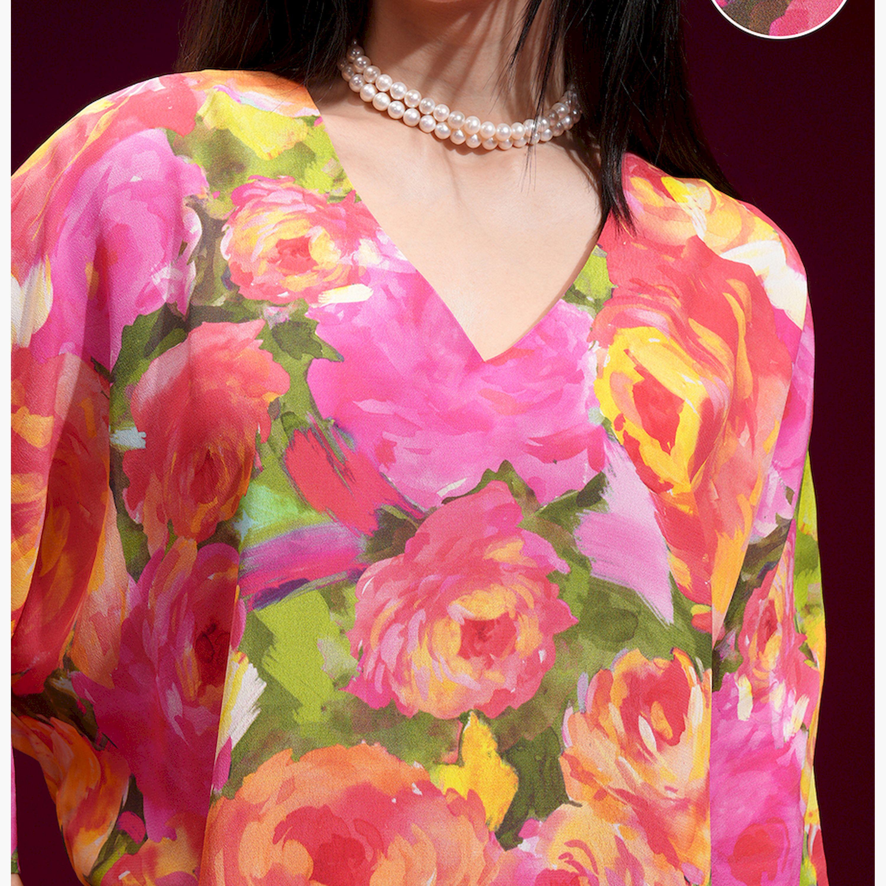 فيشود × ستايلي - تونيك وردي مطبوع برقبة على شكل حرف V مع بنطال-women-clothing-coordsets-image-5