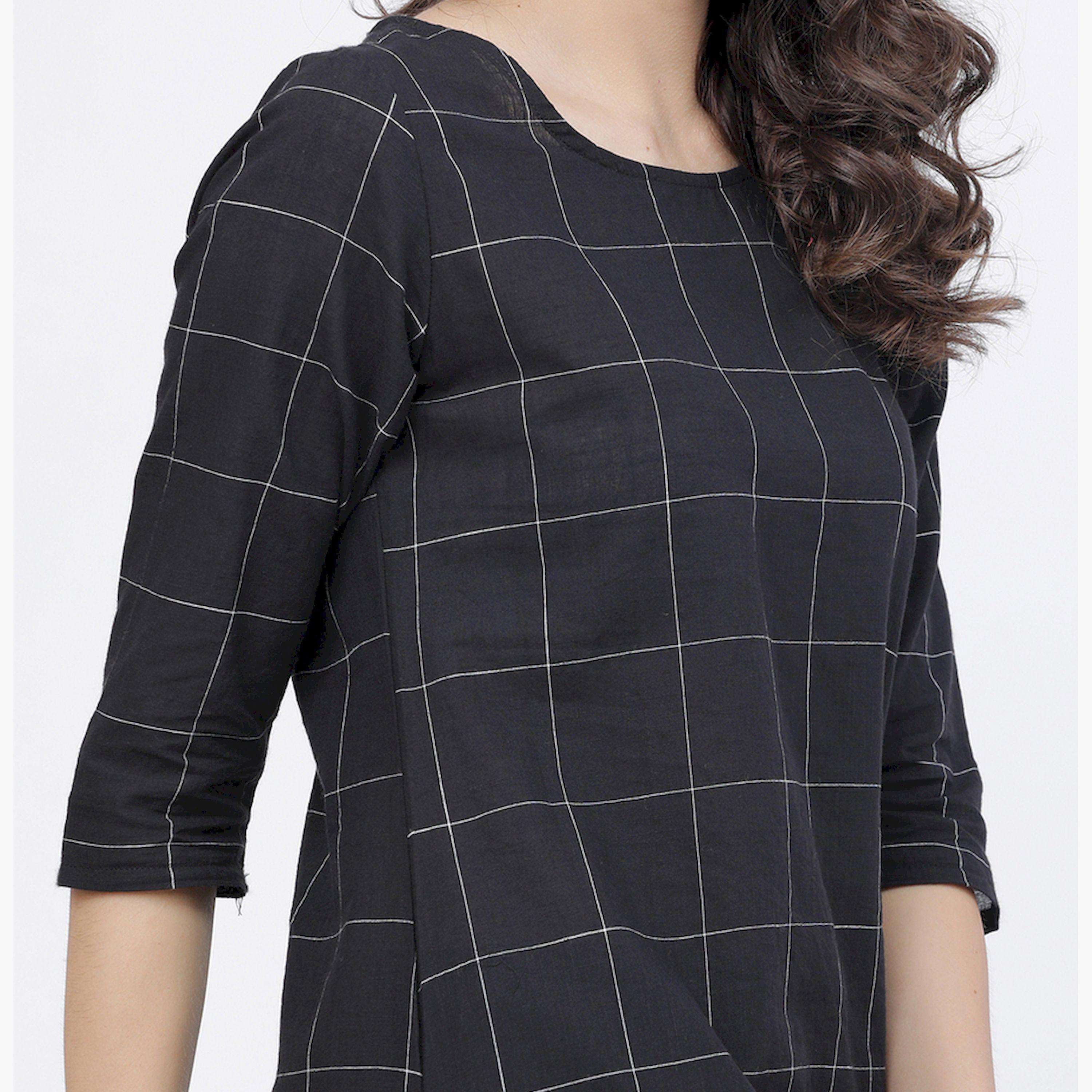 فيشود × ستايلي - كورتا مربعات بقصة مستقيمة باللونين الأسود والأبيض للنساء-women-clothing-ethnicwear-kurtas-image-4