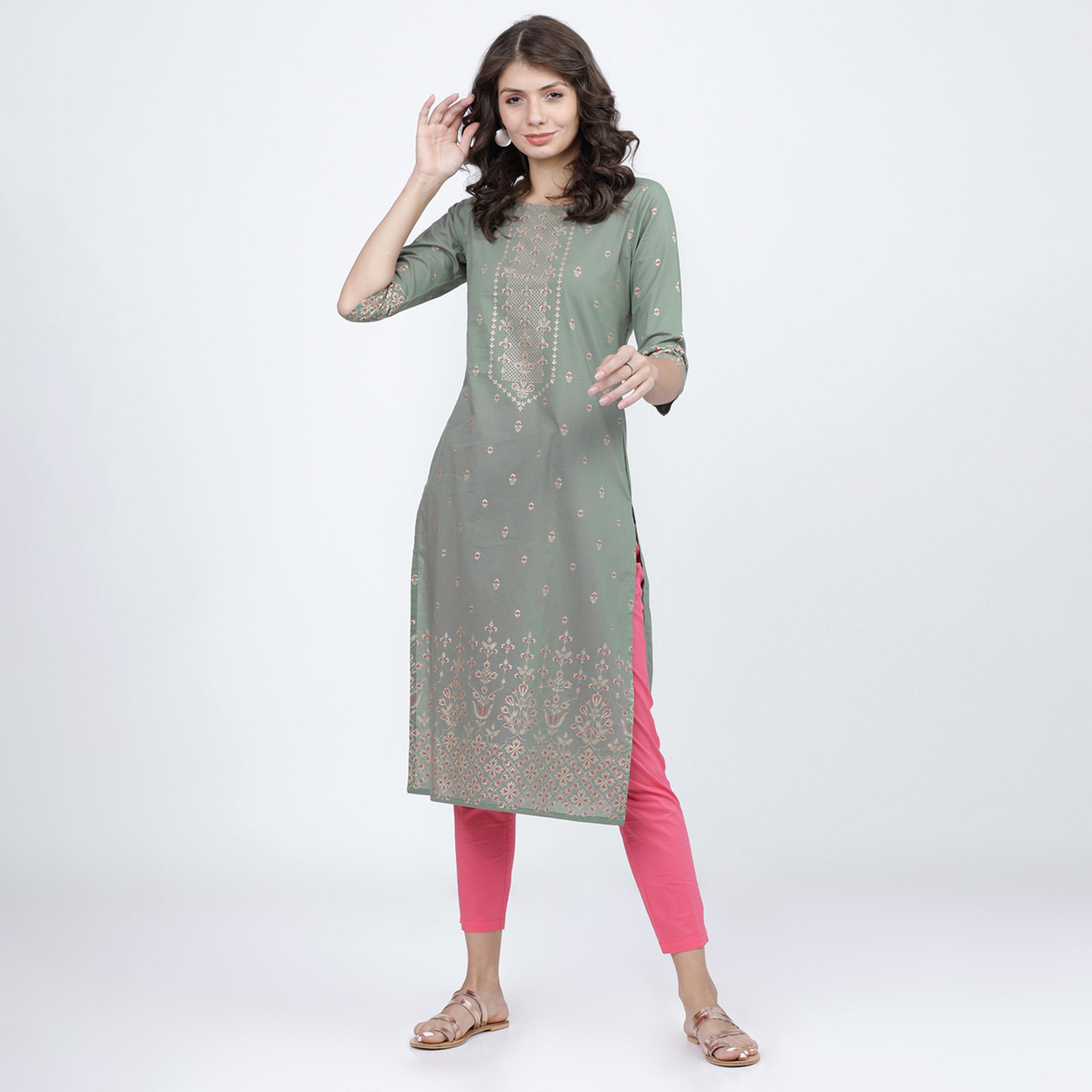 Vishudh X Styli Women Olive Ethnic Motifs Printed Cotton Kurta-women-clothing-ethnicwear-kurtas-image-1
