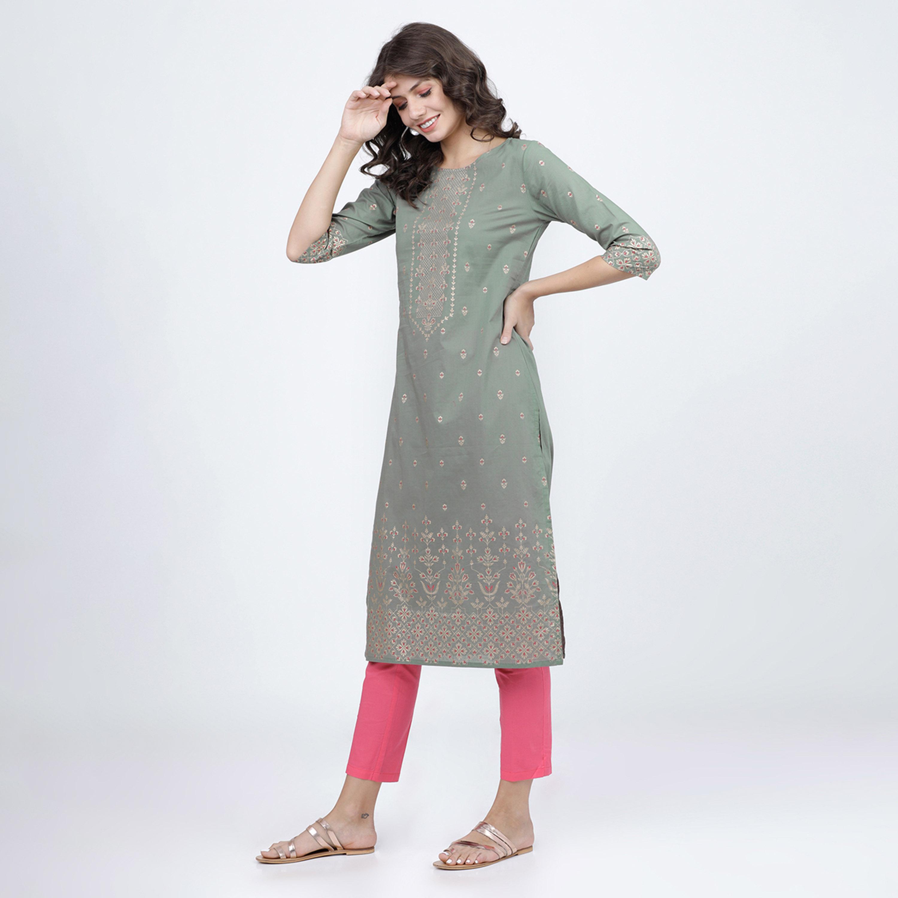 فيشود × ستايلي - كورتا قطنية مطبوعة بنقشة عرقية للنساء - زيتي-women-clothing-ethnicwear-kurtas-image-2