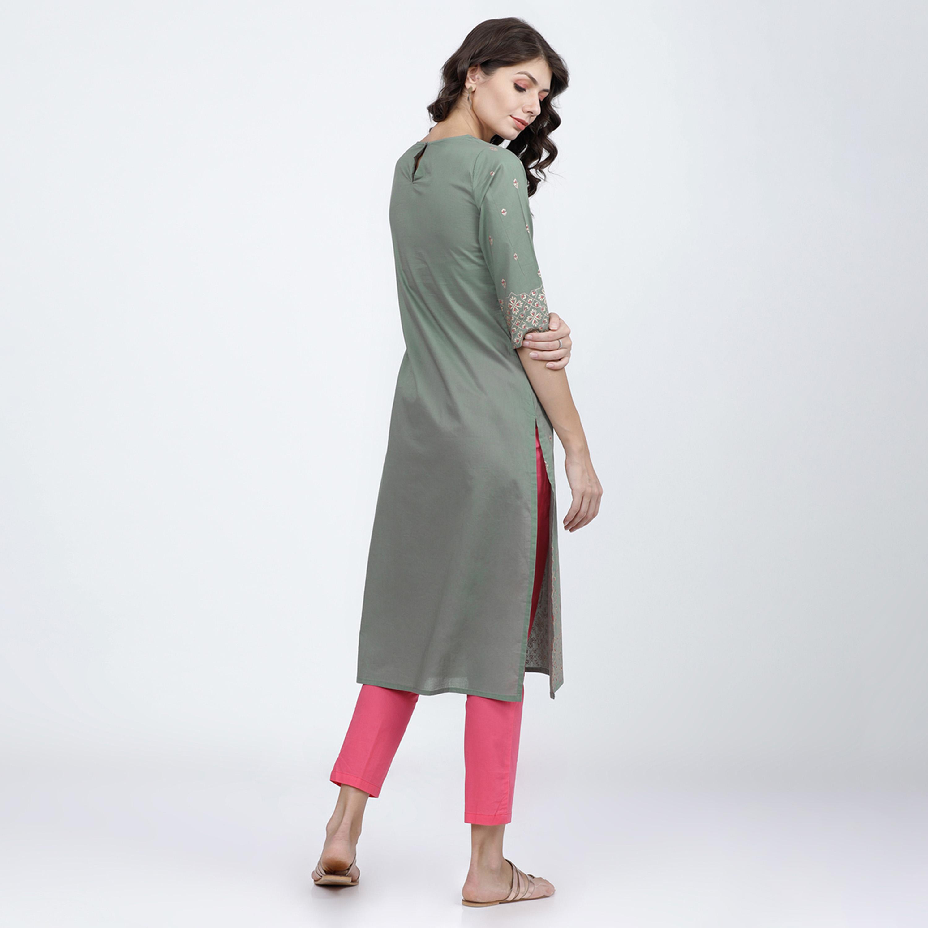 فيشود × ستايلي - كورتا قطنية مطبوعة بنقشة عرقية للنساء - زيتي-women-clothing-ethnicwear-kurtas-image-3
