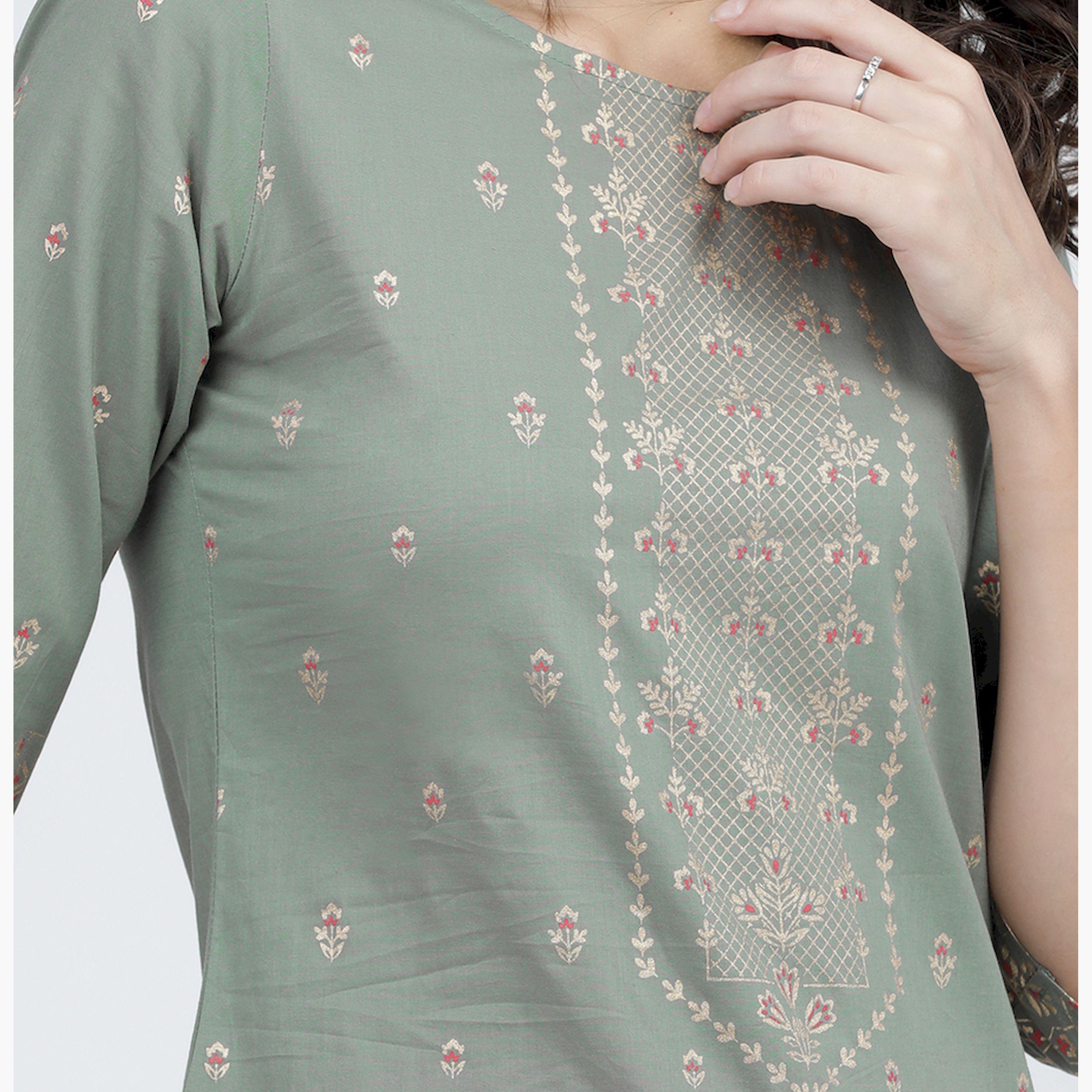 Vishudh X Styli Women Olive Ethnic Motifs Printed Cotton Kurta-women-clothing-ethnicwear-kurtas-image-4