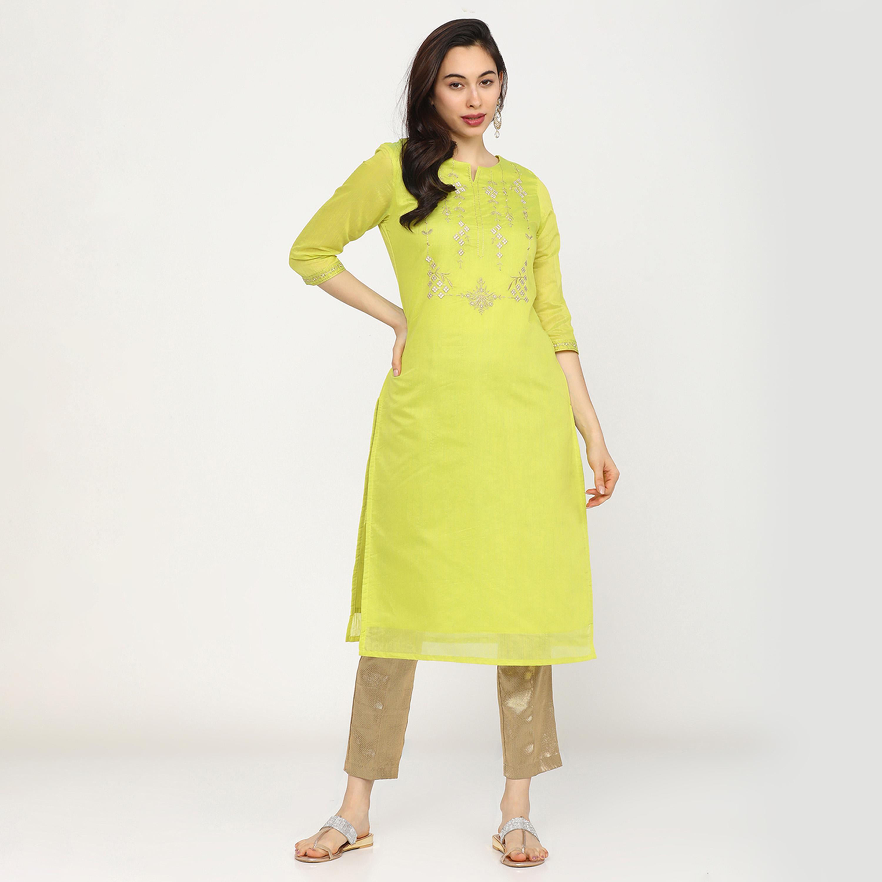 Vishudh X Styli Women Lime Green Embroidered Kurta-women-clothing-ethnicwear-kurtas-image-1