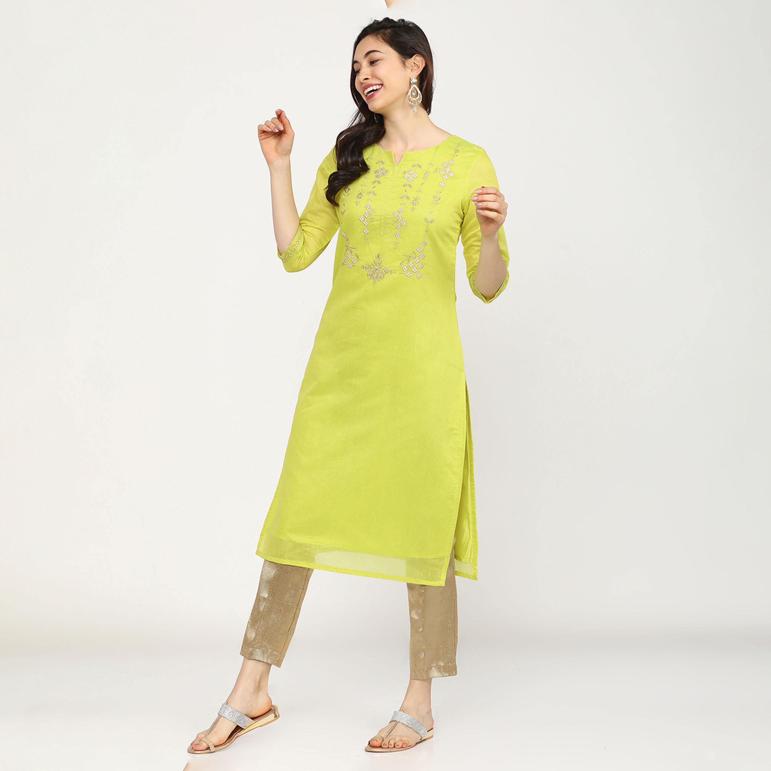 Vishudh X Styli Women Lime Green Embroidered Kurta-women-clothing-ethnicwear-kurtas-image-2