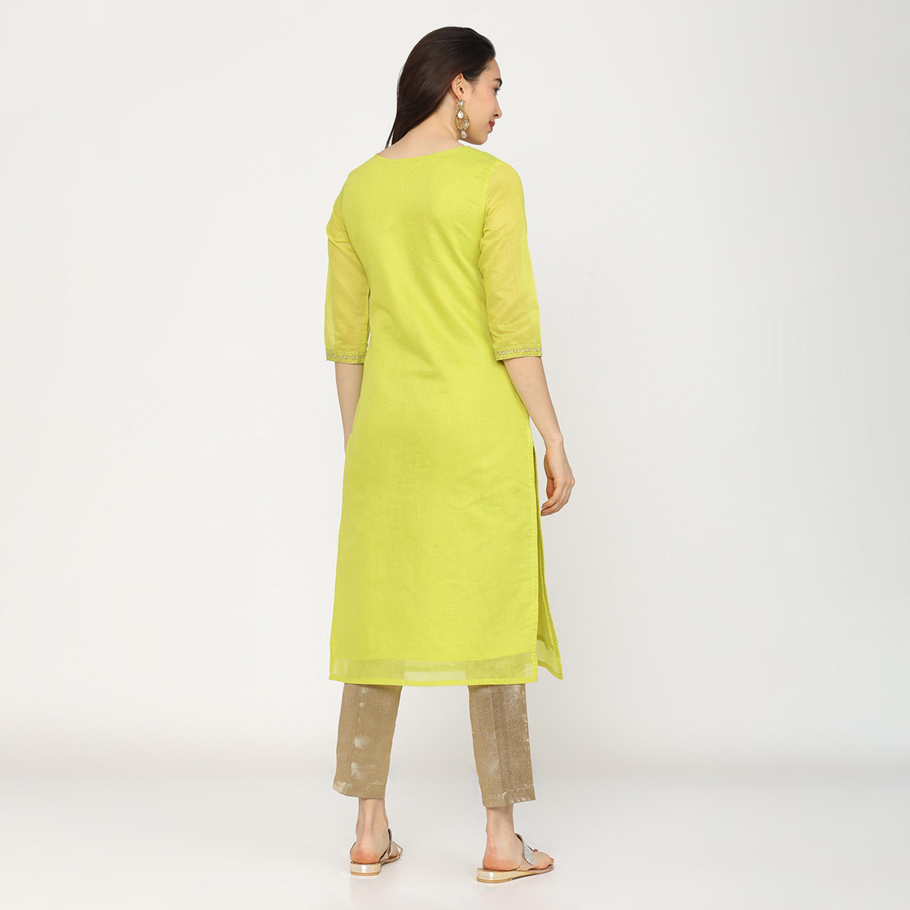 فيشود × ستايلي - كورتا نسائية مطرزة - الأخضر الليموني-women-clothing-ethnicwear-kurtas-image-3