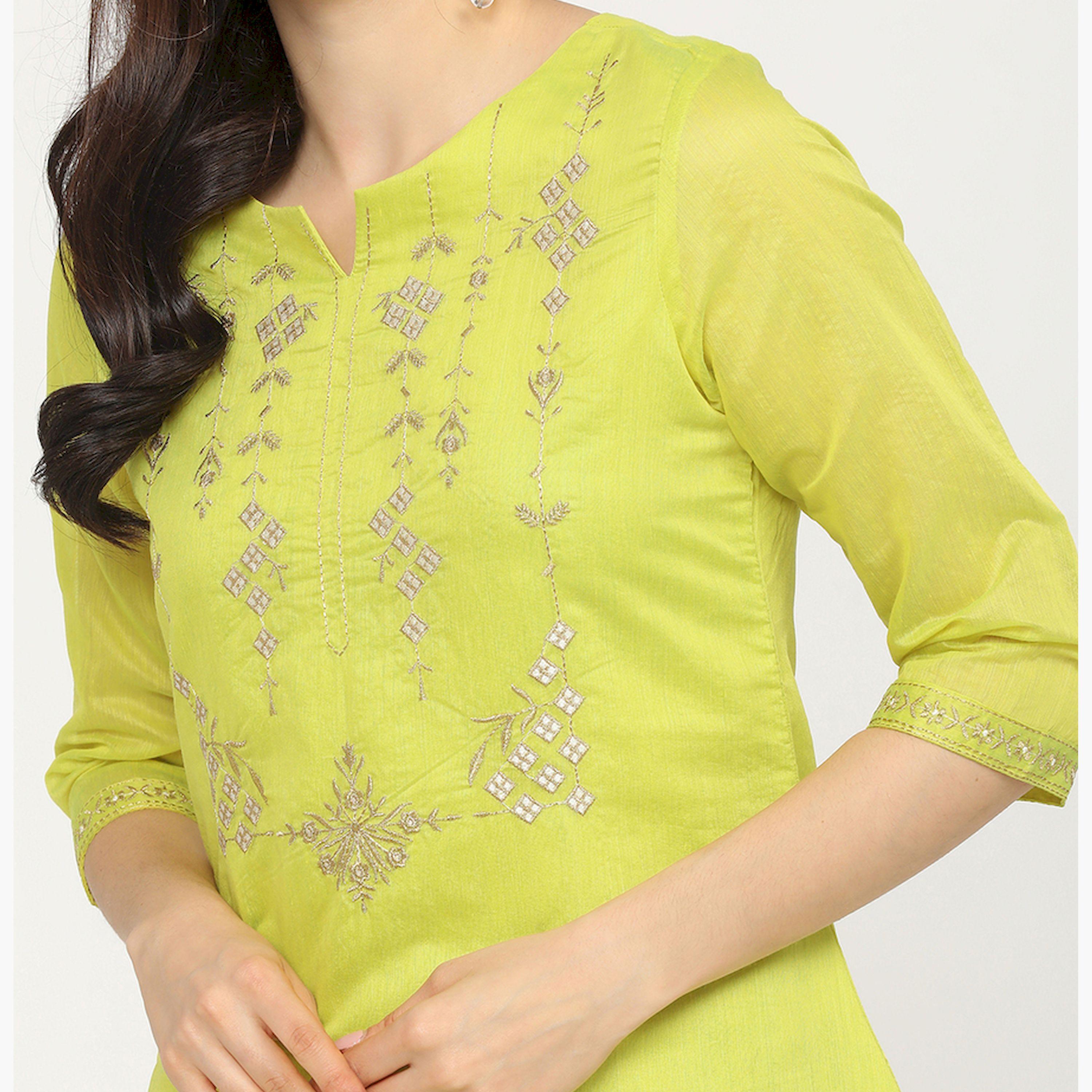 فيشود × ستايلي - كورتا نسائية مطرزة - الأخضر الليموني-women-clothing-ethnicwear-kurtas-image-4