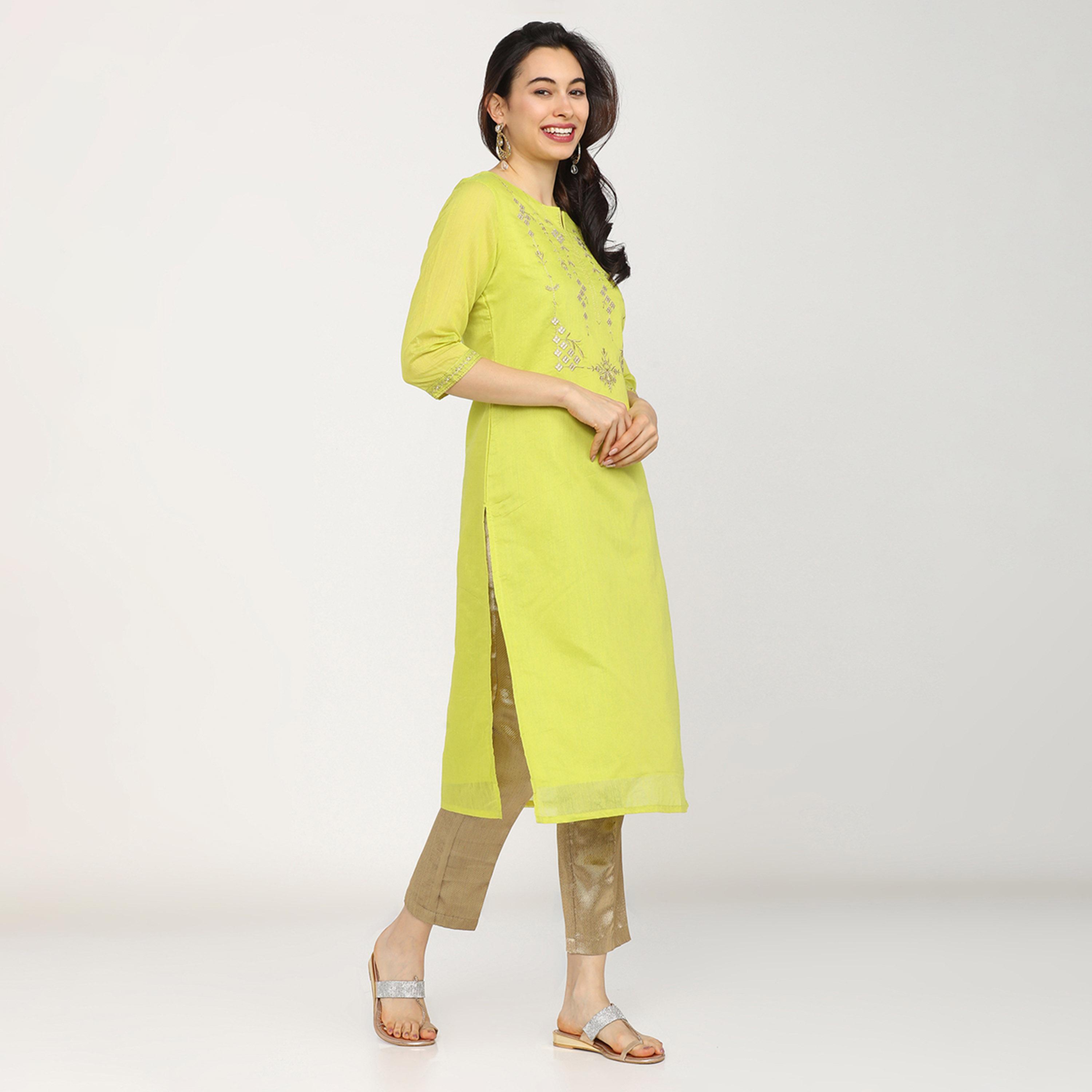 Vishudh X Styli Women Lime Green Embroidered Kurta-women-clothing-ethnicwear-kurtas-image-5