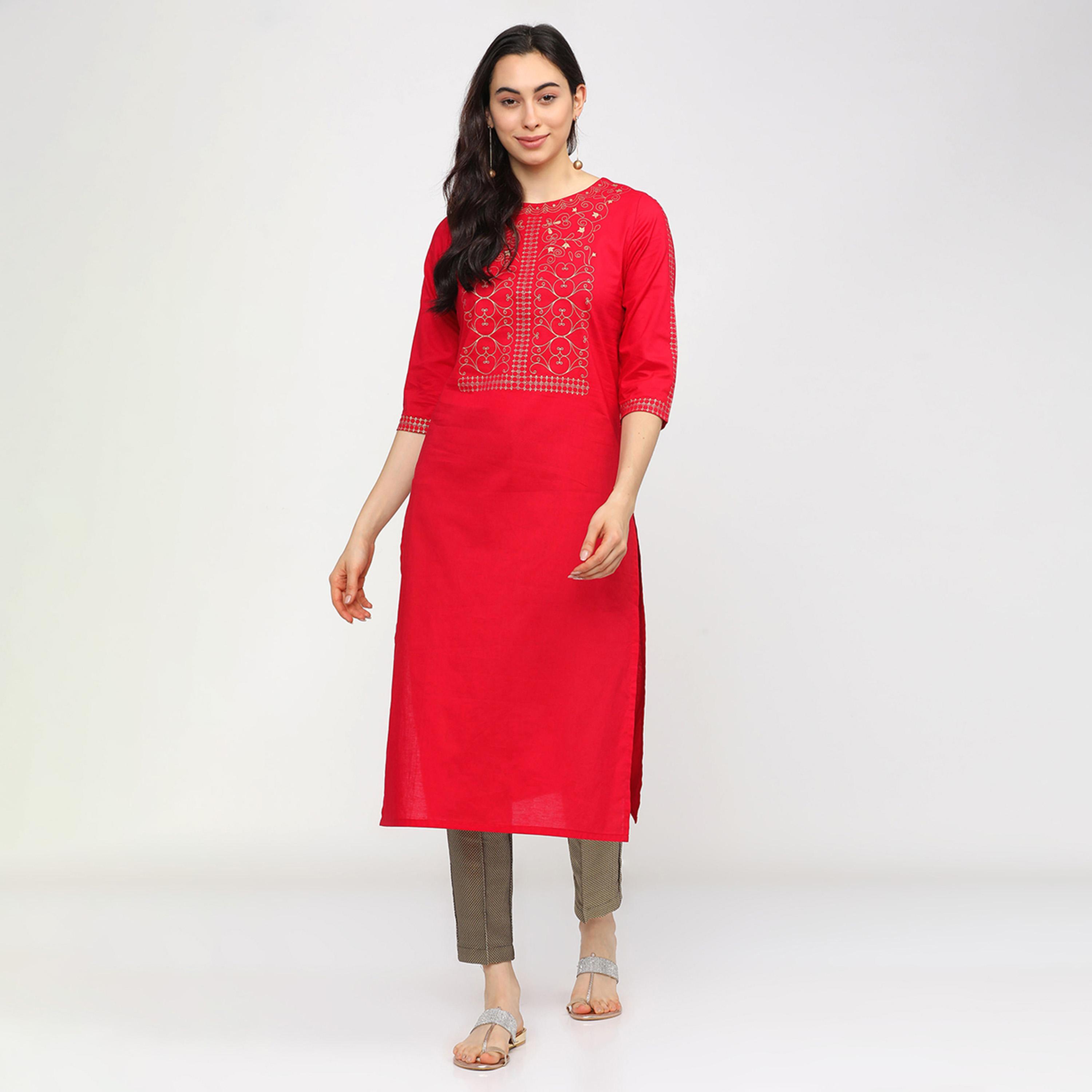 فيشود × ستايلي - كورتا نسائية بنقشة عرقية مطبوعة - أحمر-women-clothing-ethnicwear-kurtas-image-1