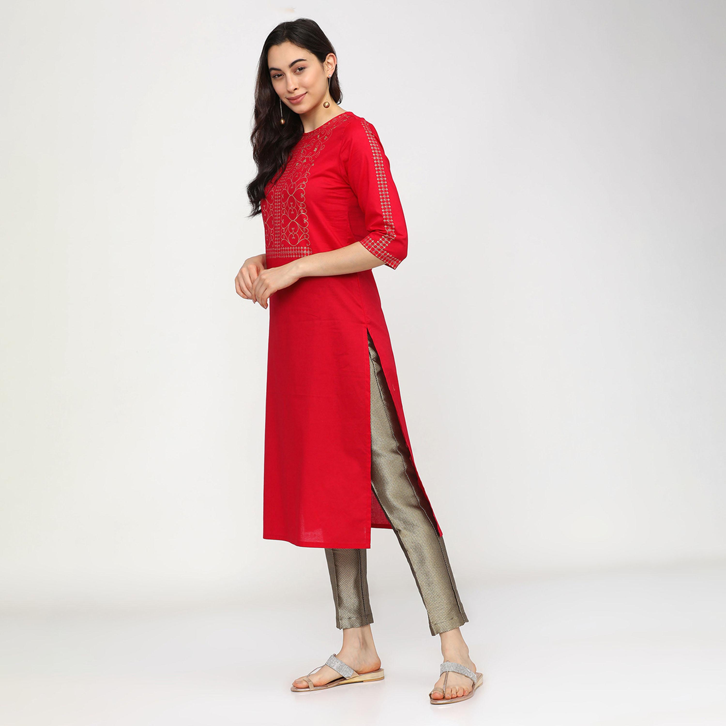 Vishudh X Styli Women Red Ethnic Motifs Printed Keyhole Neck Thread Work Kurta-women-clothing-ethnicwear-kurtas-image-2