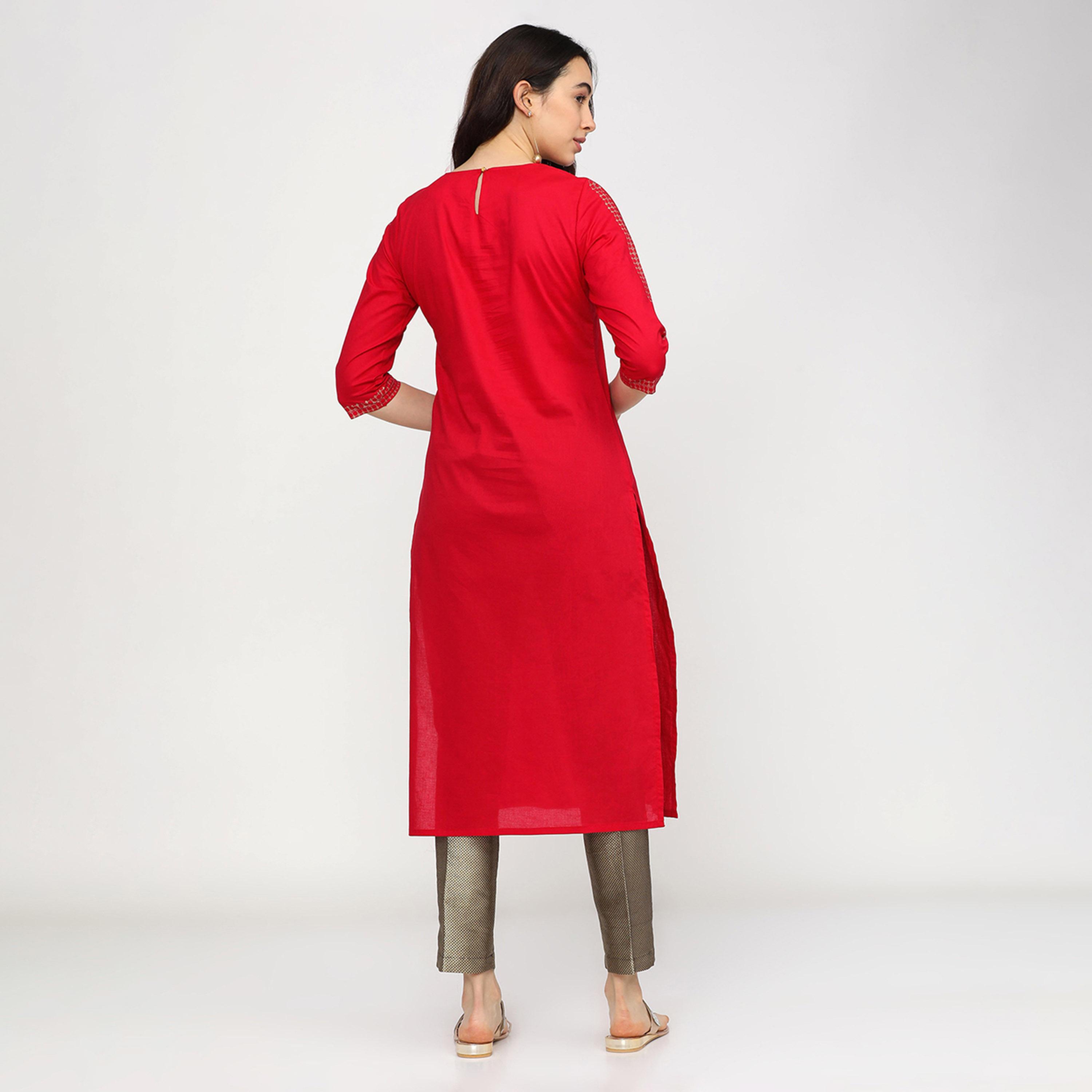 Vishudh X Styli Women Red Ethnic Motifs Printed Keyhole Neck Thread Work Kurta-women-clothing-ethnicwear-kurtas-image-3