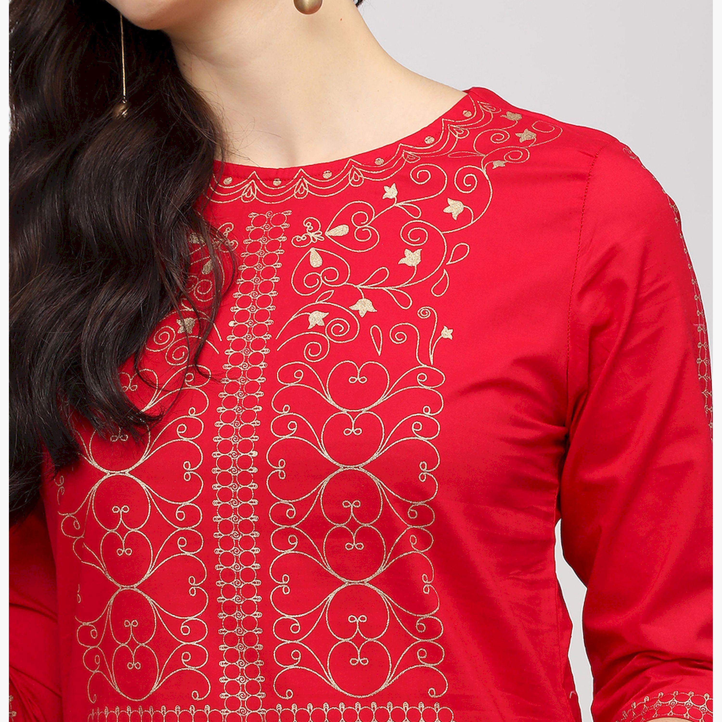 Vishudh X Styli Women Red Ethnic Motifs Printed Keyhole Neck Thread Work Kurta-women-clothing-ethnicwear-kurtas-image-4