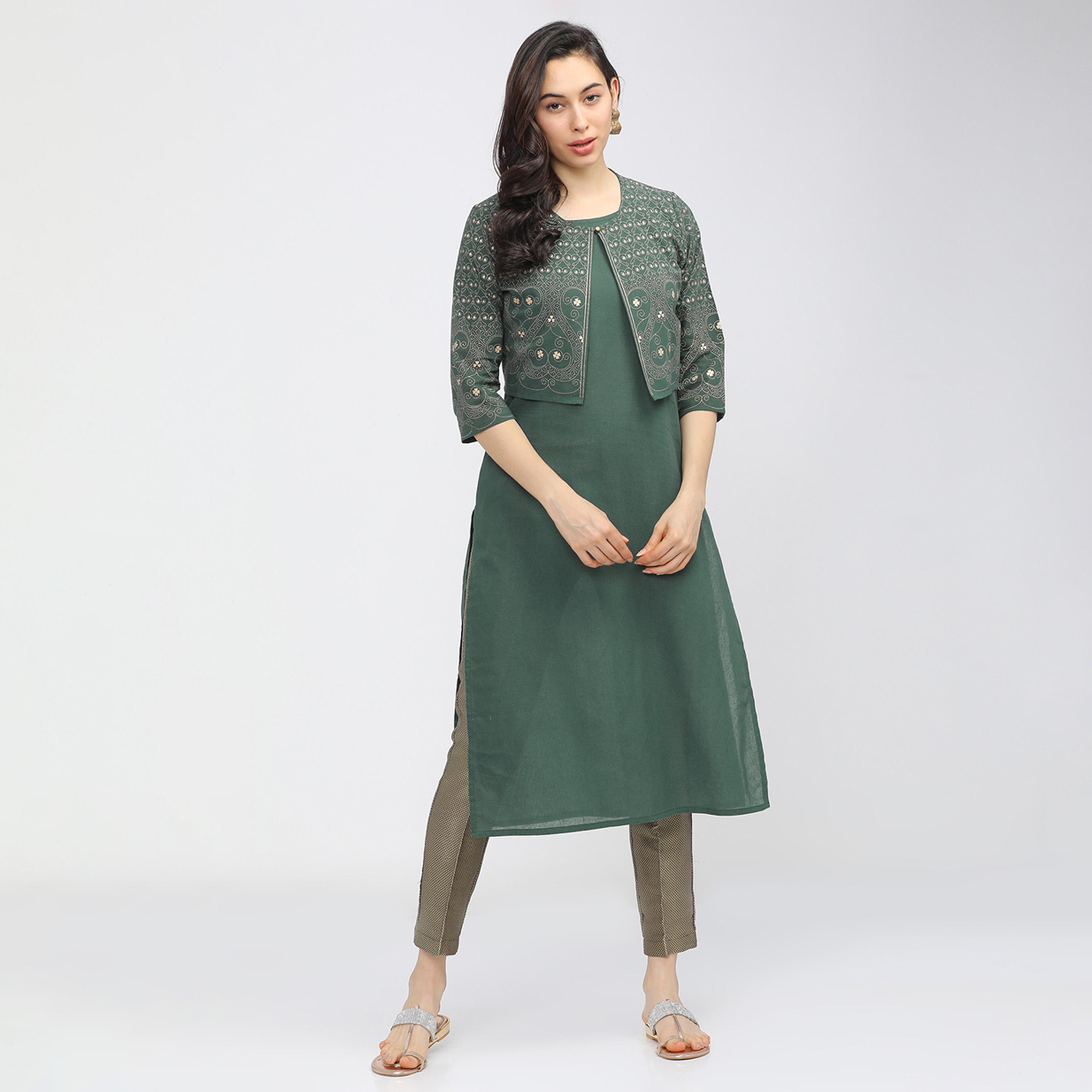 فيشود × ستايلي - كورتا نسائية مطبوعة مع جاكيت - أخضر-women-clothing-ethnicwear-kurtas-image-1