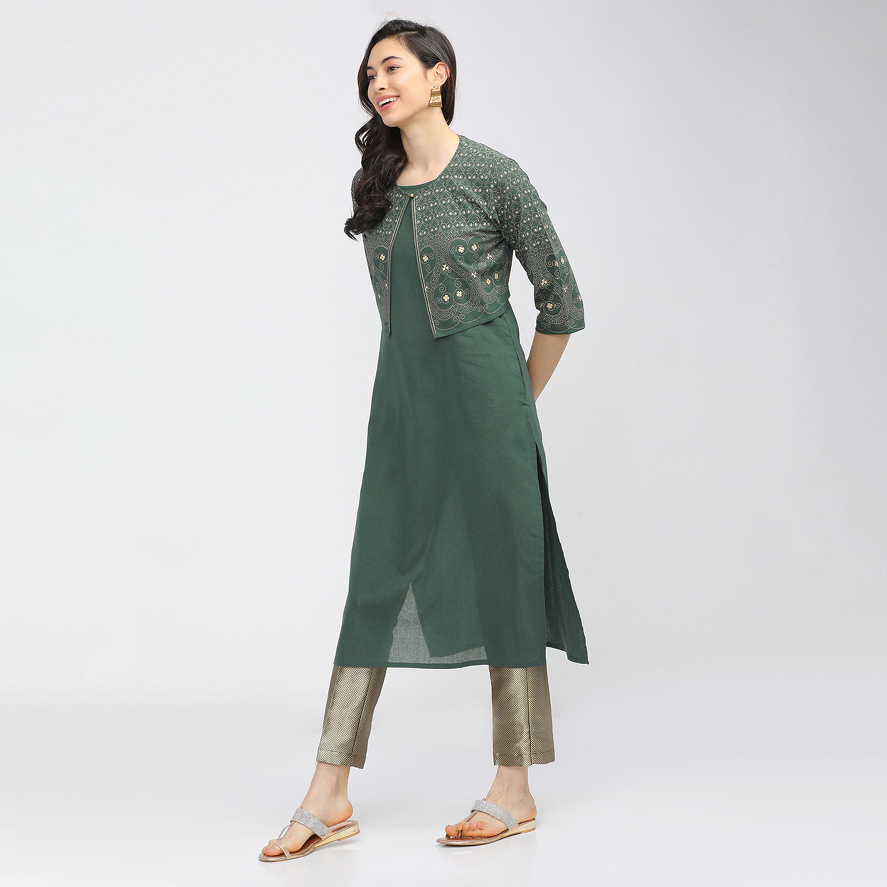 Vishudh X Styli Women Green Printed Kurta With Jacket-women-clothing-ethnicwear-kurtas-image-2