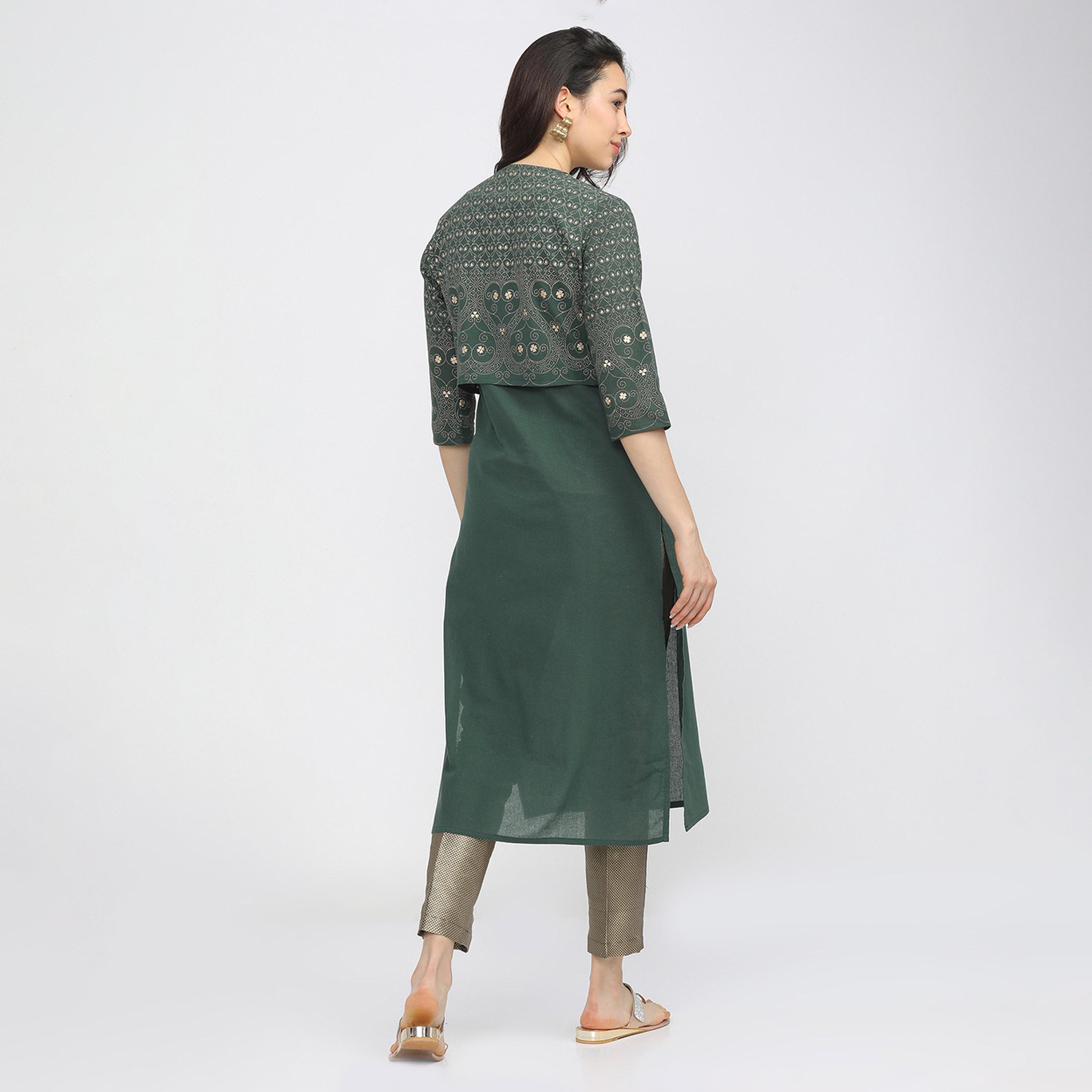 فيشود × ستايلي - كورتا نسائية مطبوعة مع جاكيت - أخضر-women-clothing-ethnicwear-kurtas-image-3
