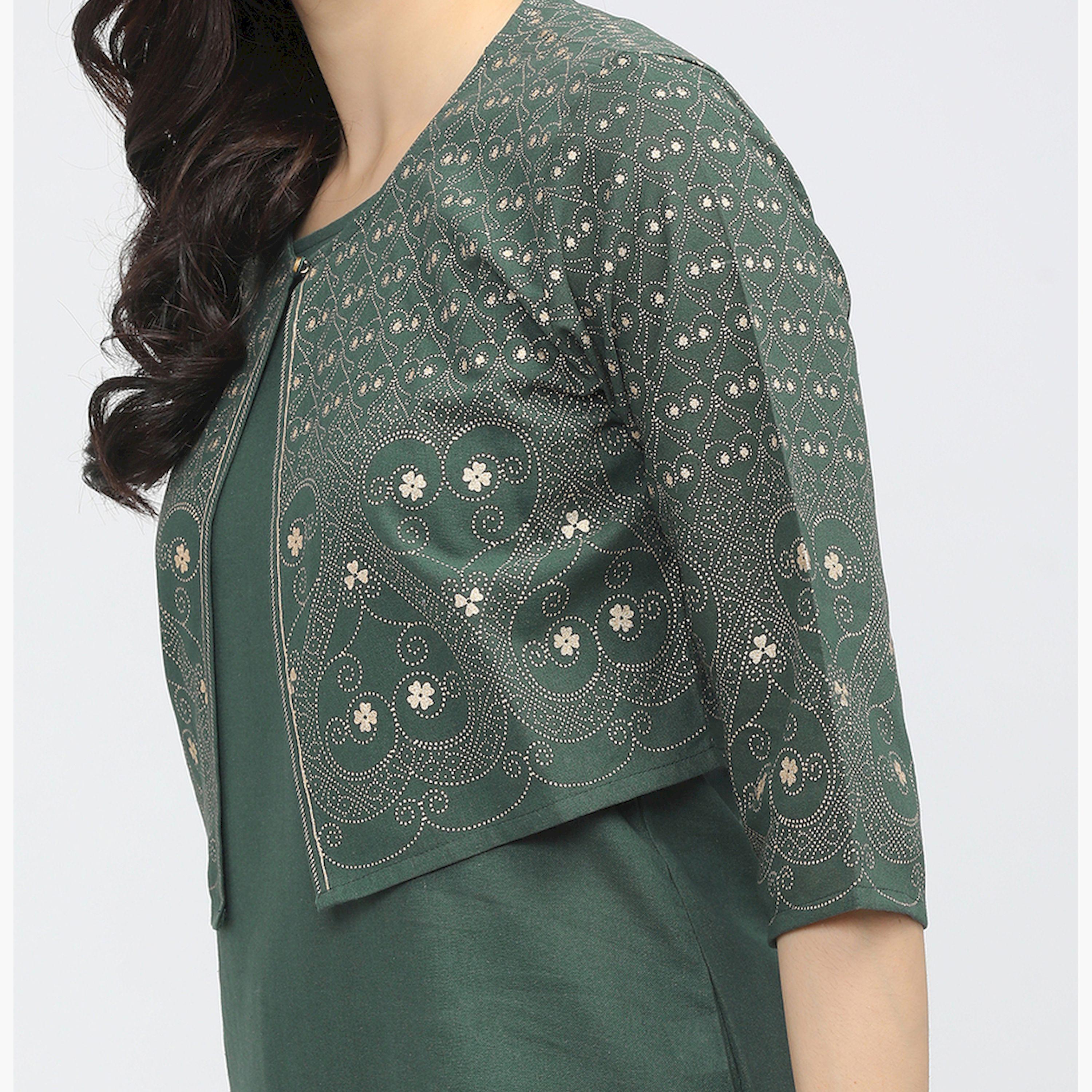 فيشود × ستايلي - كورتا نسائية مطبوعة مع جاكيت - أخضر-women-clothing-ethnicwear-kurtas-image-4