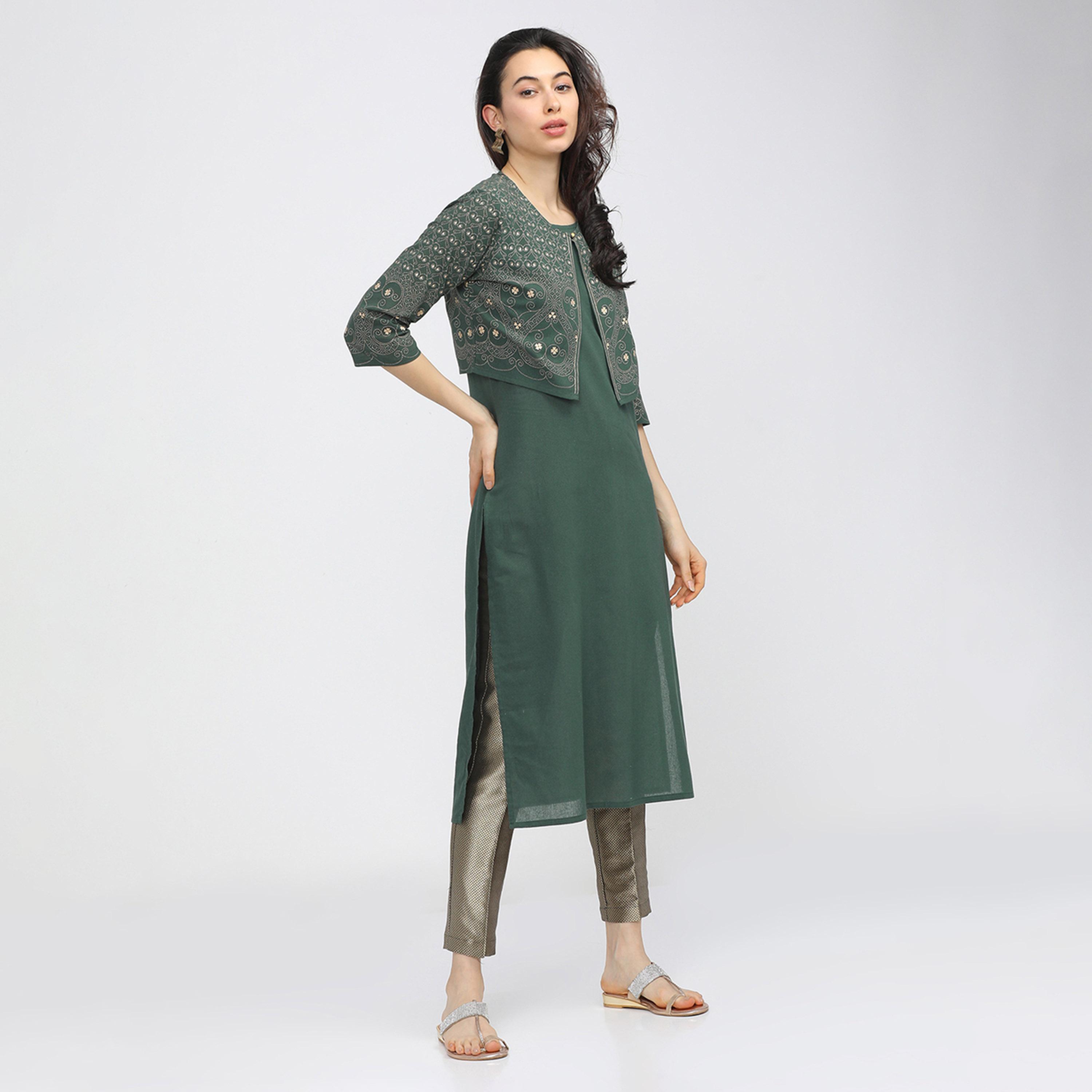 Vishudh X Styli Women Green Printed Kurta With Jacket-women-clothing-ethnicwear-kurtas-image-5