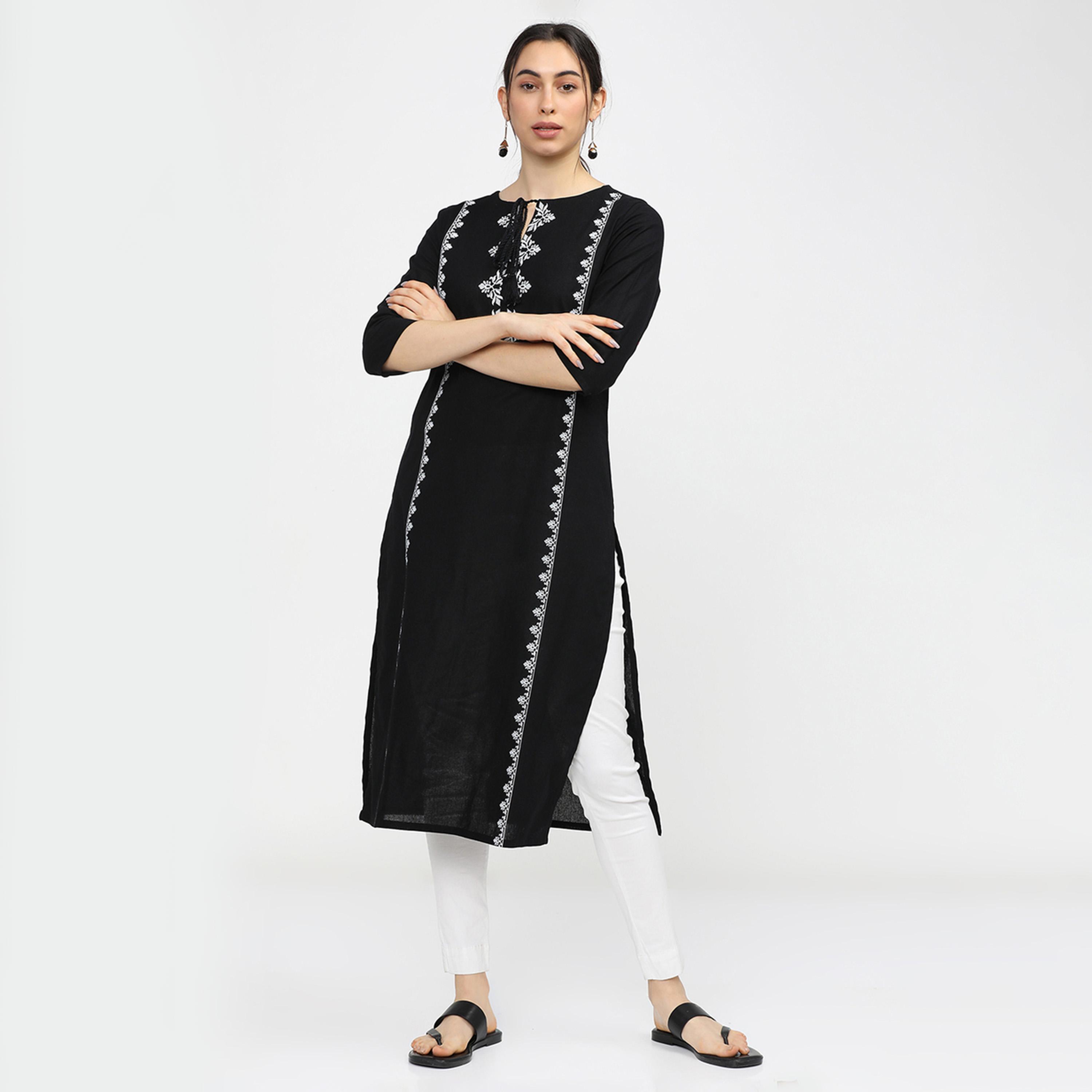 Vishudh X Styli Women Black & White Ethnic Motifs Printed Cotton Kurta-women-clothing-ethnicwear-kurtas-image-1