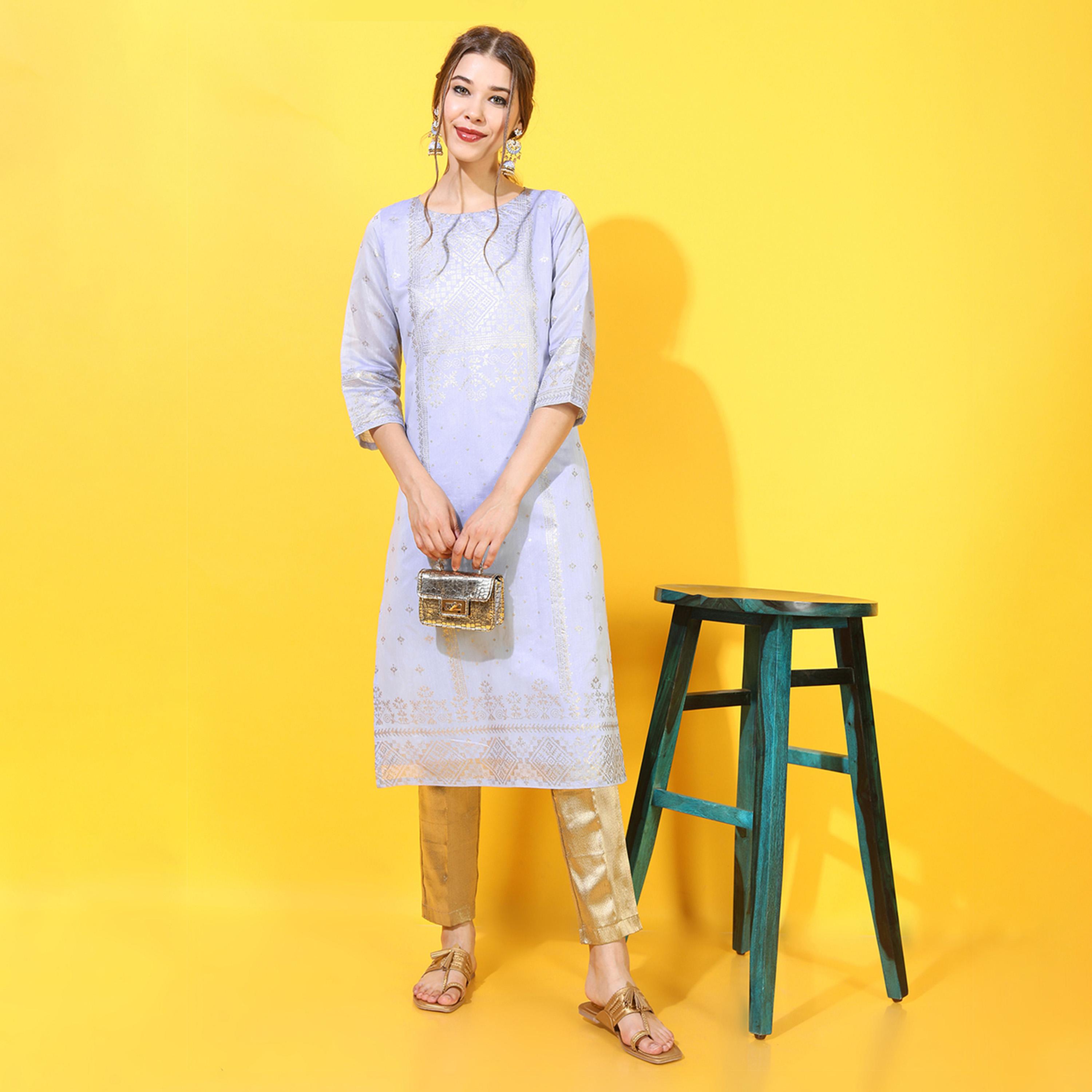 فيشود × ستايلي - كورتا مطبوعة بزخارف عرقية باللون الأزرق للنساء-women-clothing-ethnicwear-kurtas-image-1