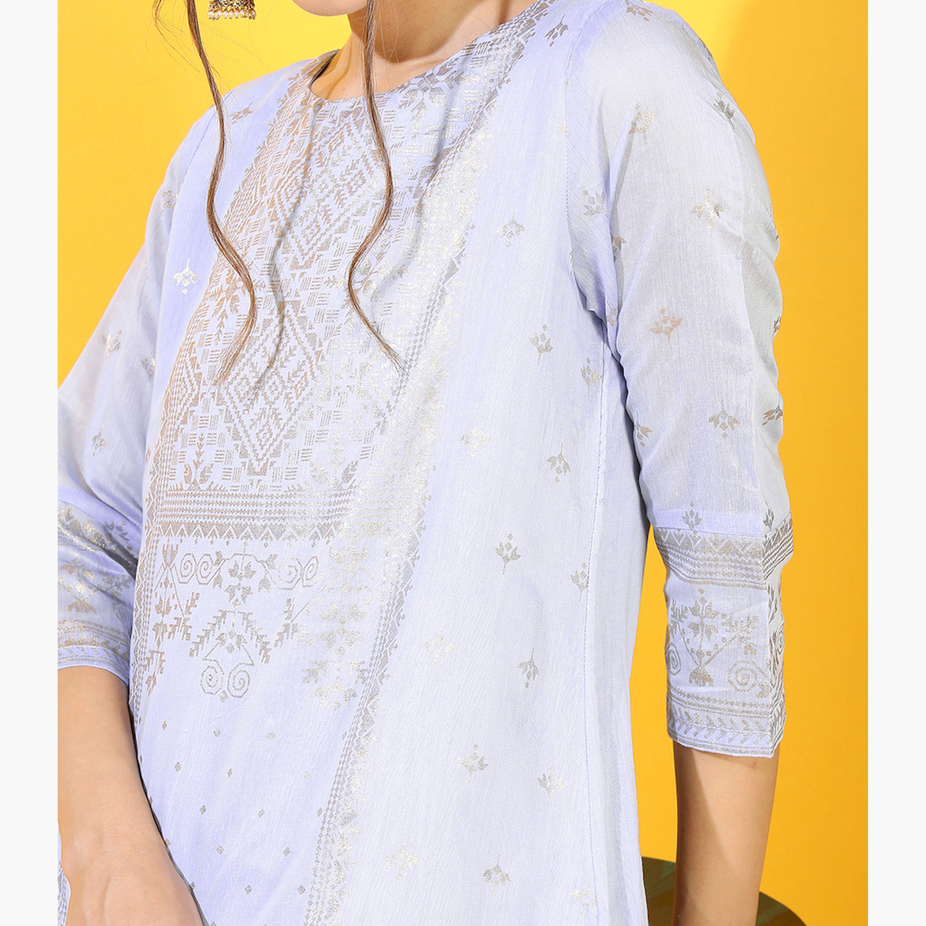 فيشود × ستايلي - كورتا مطبوعة بزخارف عرقية باللون الأزرق للنساء-women-clothing-ethnicwear-kurtas-image-4