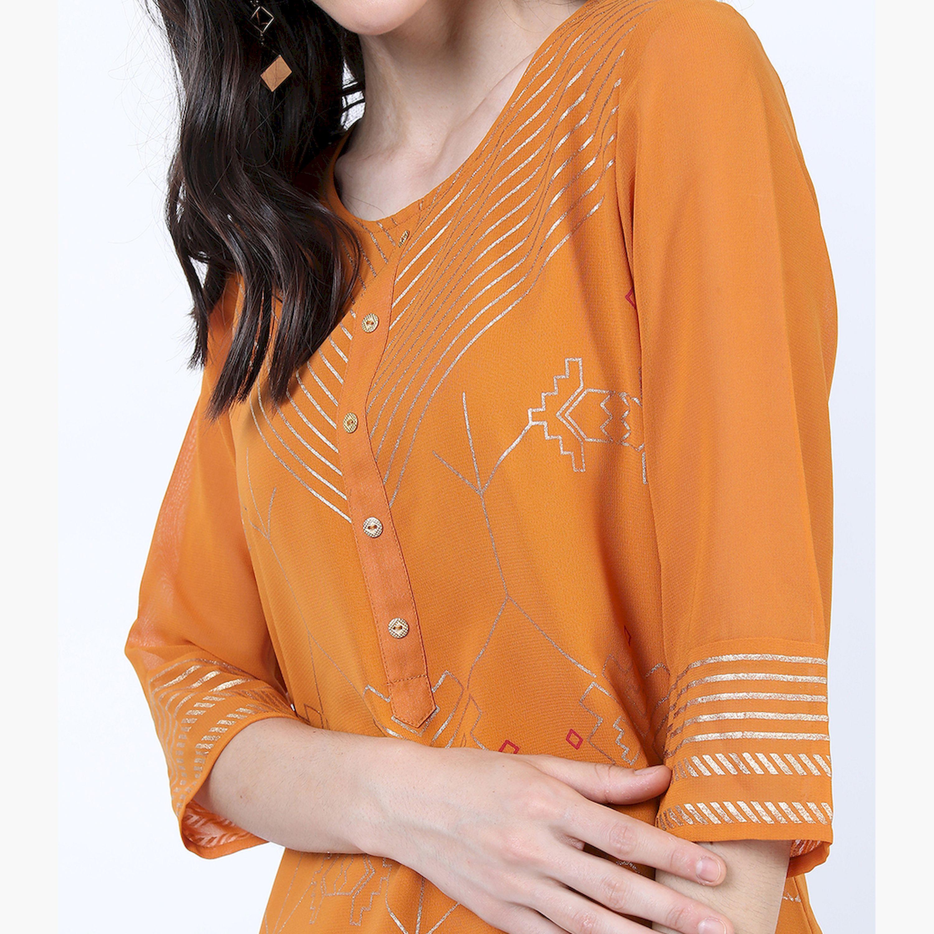 فيشود × ستايلي - كورتا مستقيمة مطبوعة بنقشات عرقية للنساء - بني-women-clothing-ethnicwear-kurtas-image-4