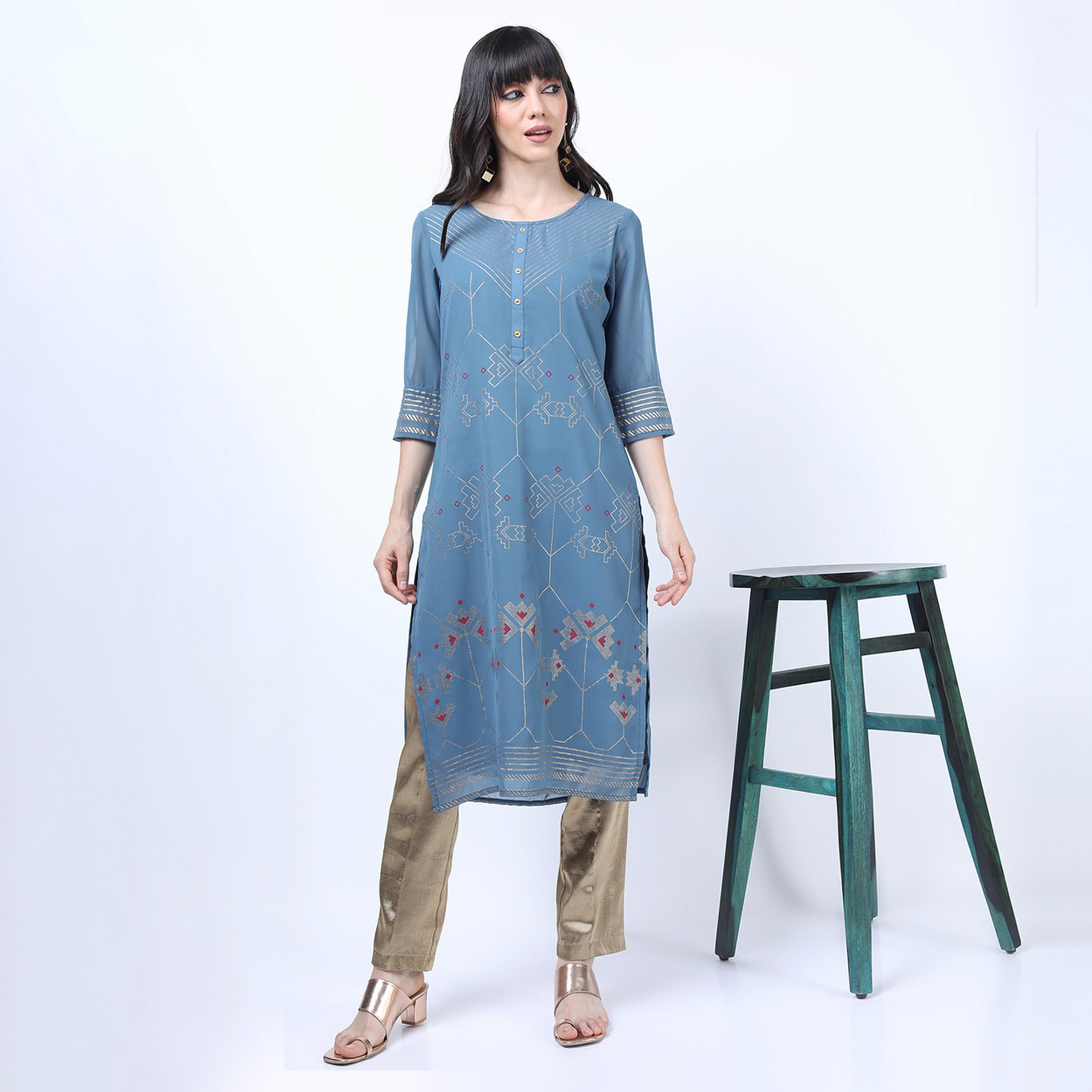 فيشود × ستايلي - كورتا مطبوعة بالزهور - أزرق-women-clothing-ethnicwear-kurtas-image-1