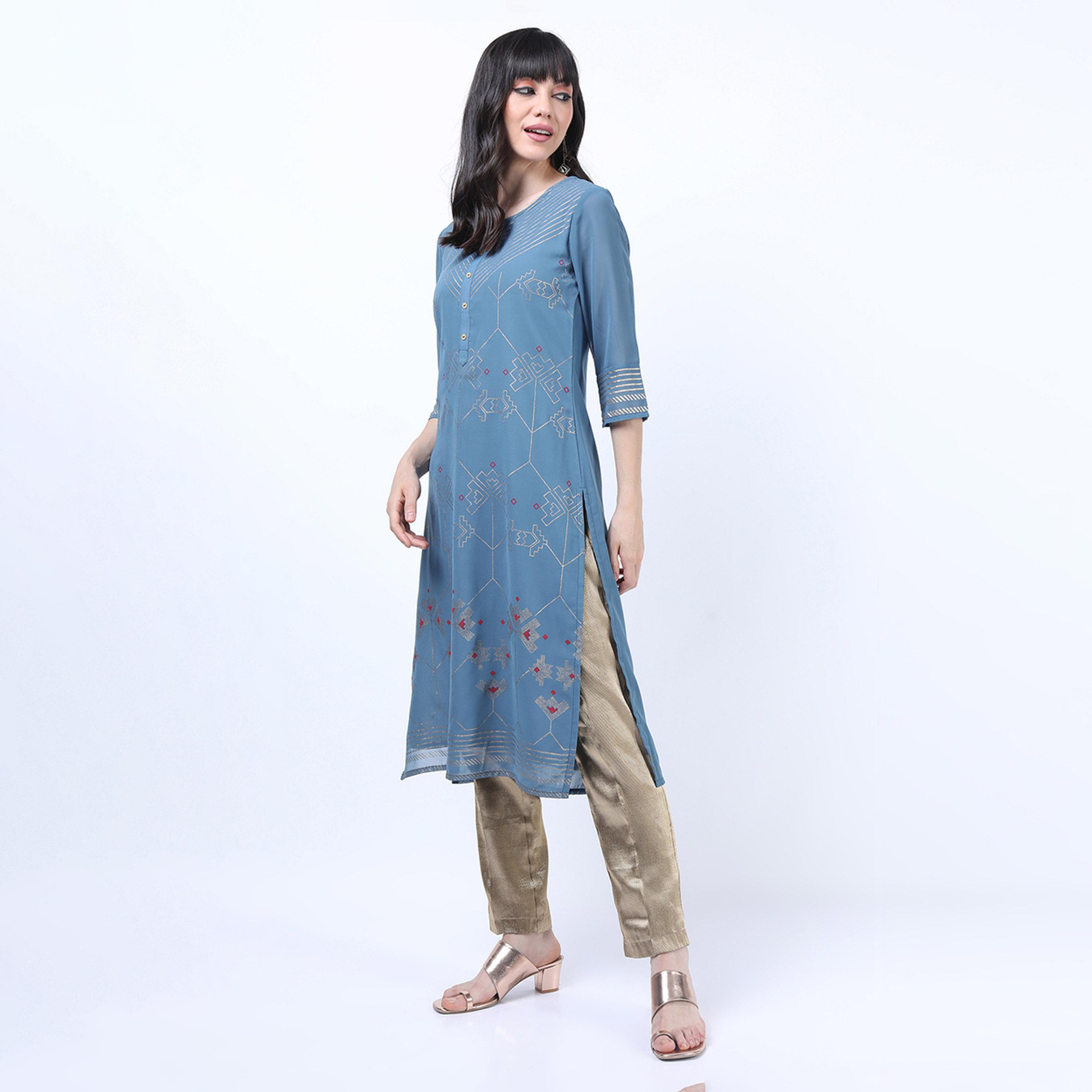 Vishudh X Styli Blue Floral Printed Kurta-women-clothing-ethnicwear-kurtas-image-2