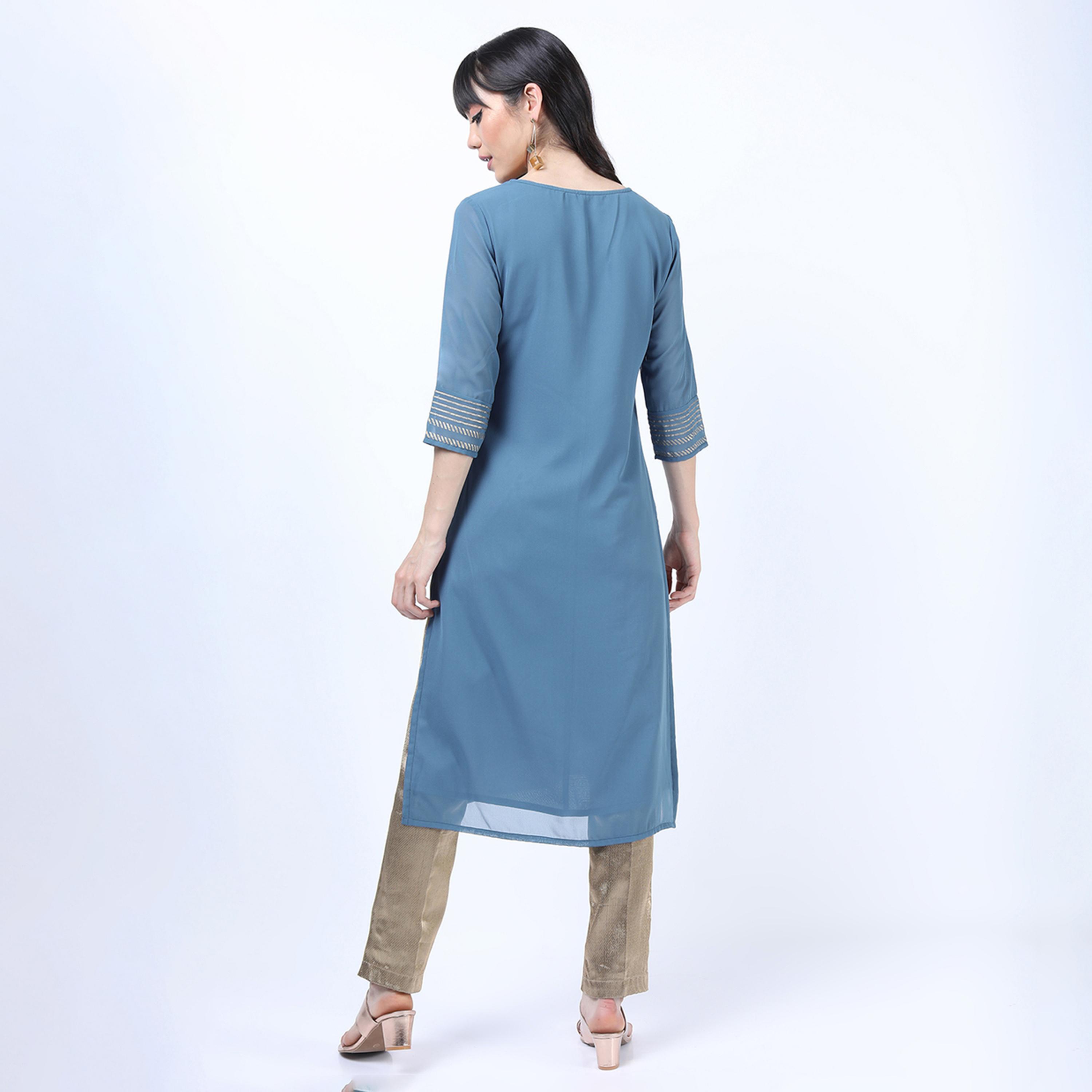 Vishudh X Styli Blue Floral Printed Kurta-women-clothing-ethnicwear-kurtas-image-3