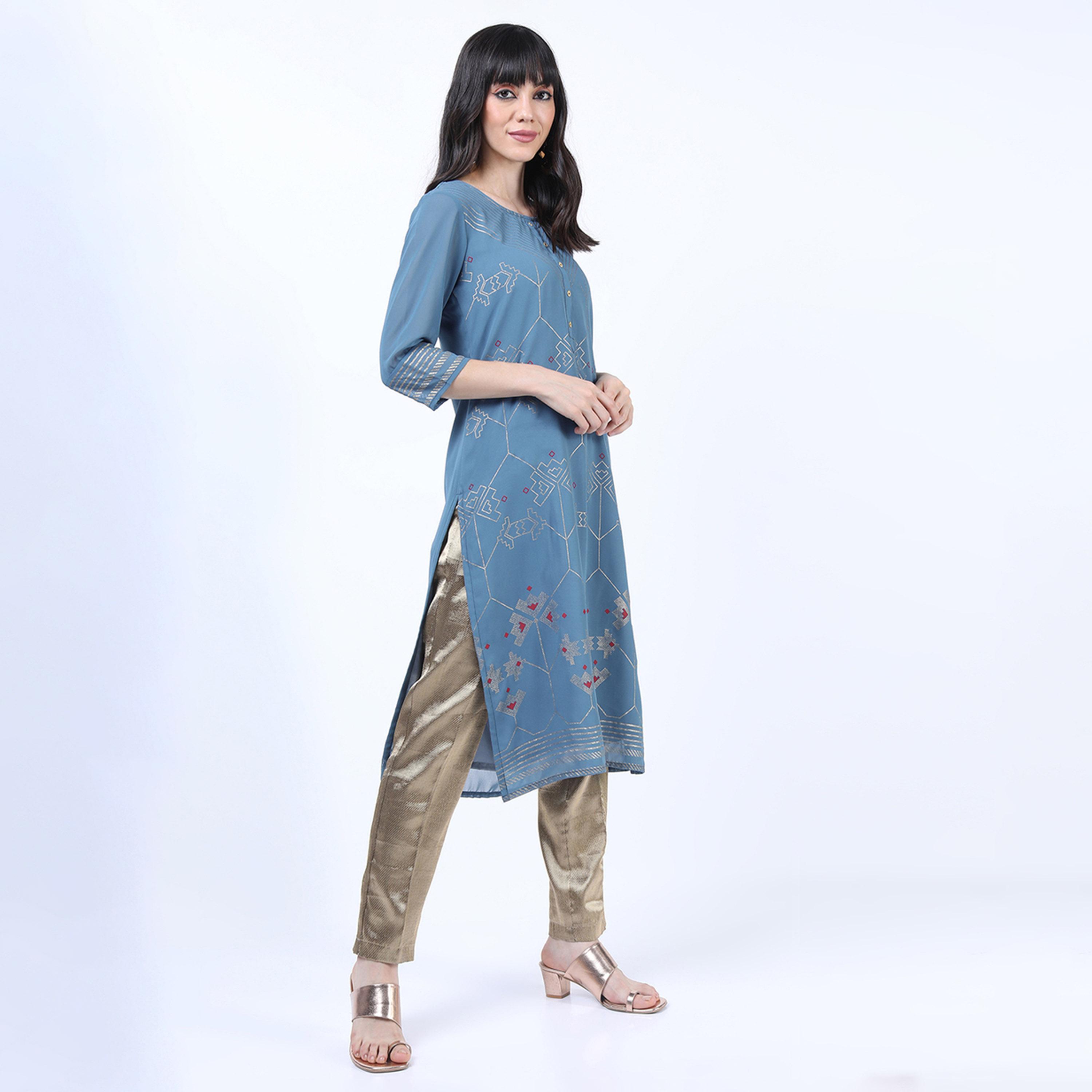 فيشود × ستايلي - كورتا مطبوعة بالزهور - أزرق-women-clothing-ethnicwear-kurtas-image-5
