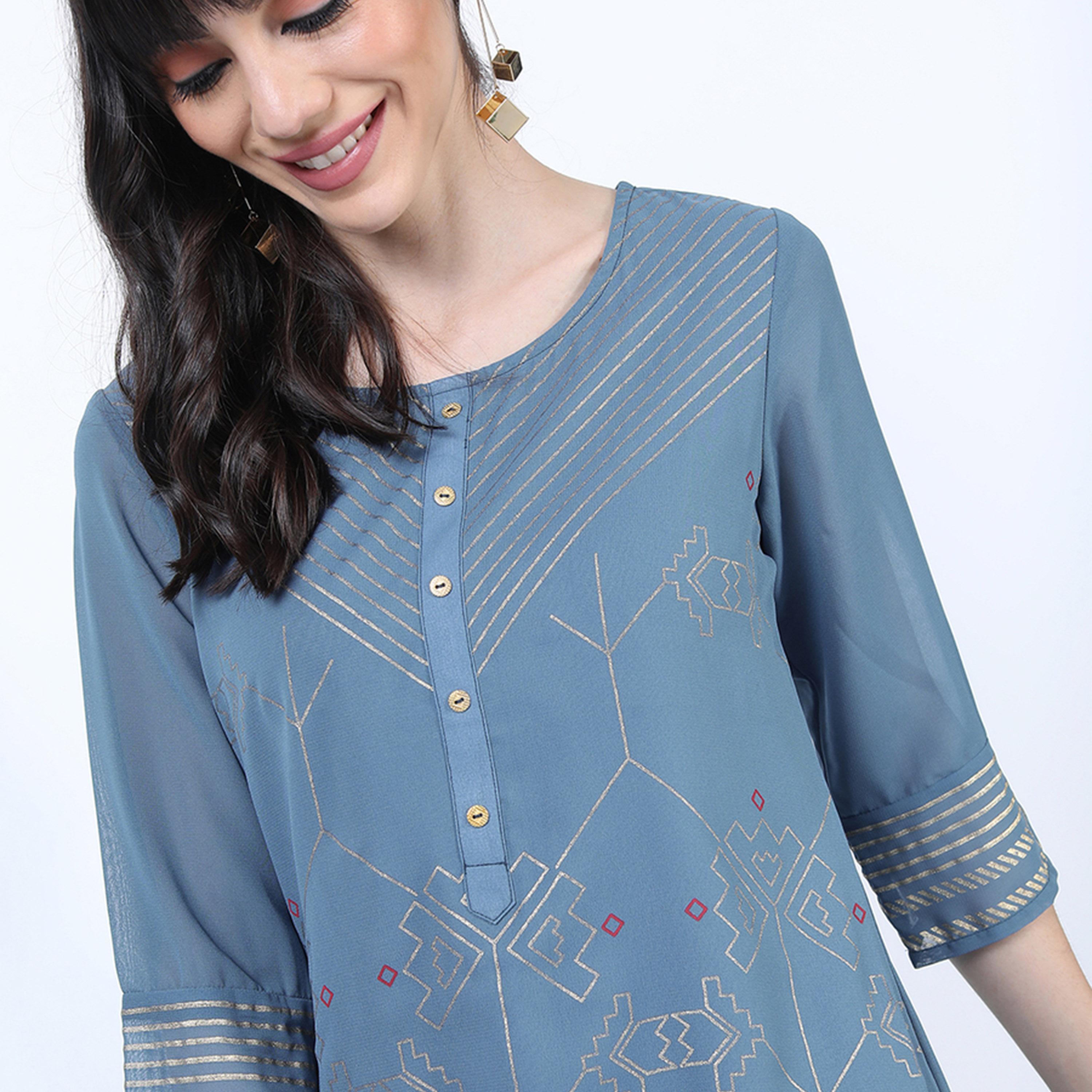Vishudh X Styli Blue Floral Printed Kurta-women-clothing-ethnicwear-kurtas-image-6