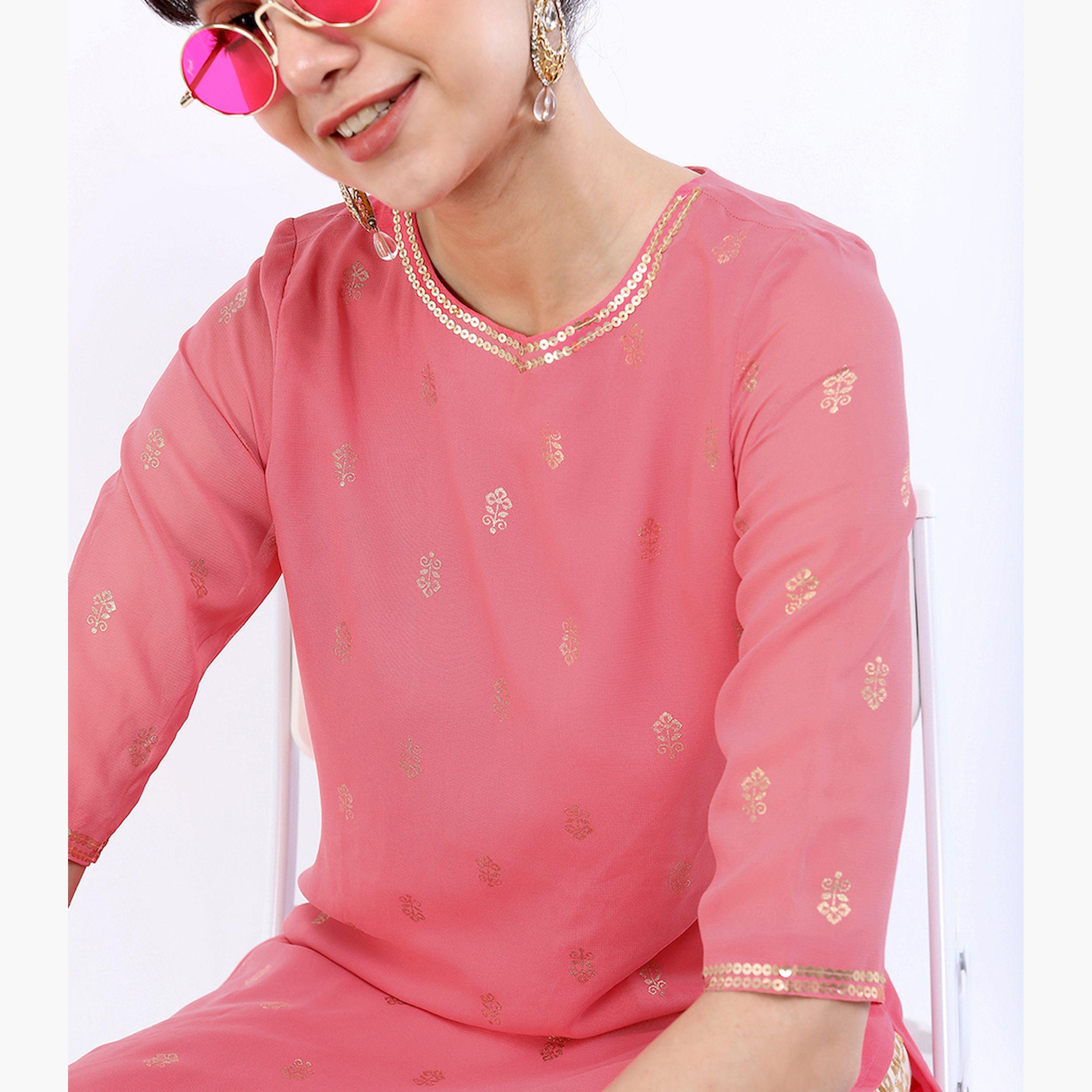 فيشود × ستايلي - كورتا مستقيمة مطبوعة بنقشة زهور باللونين الوردي والذهبي للنساء-women-clothing-ethnicwear-kurtas-image-4