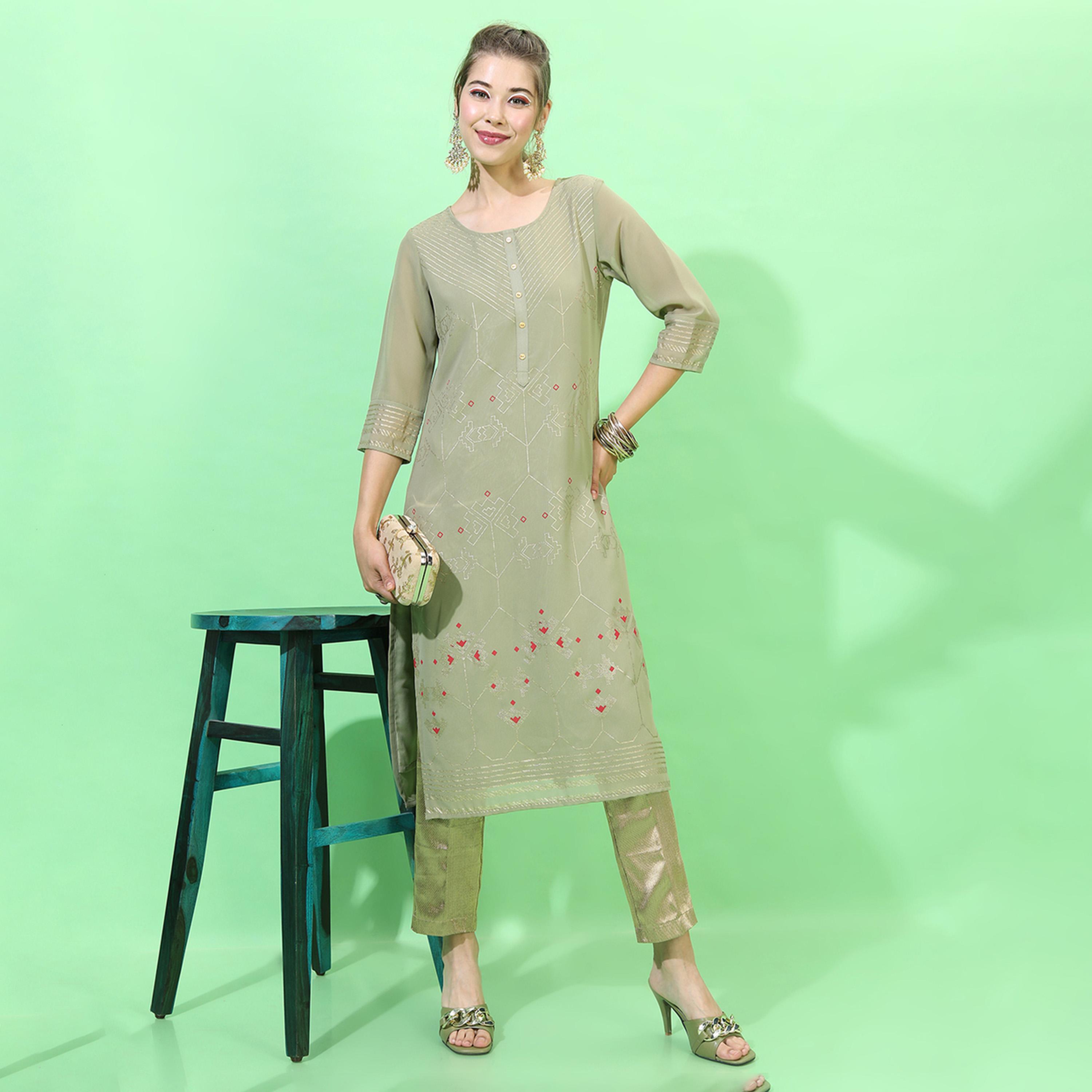 Vishudh X Styli Women Olive Green & Red Geometric Printed Georgette Kurta-women-clothing-ethnicwear-kurtas-image-1