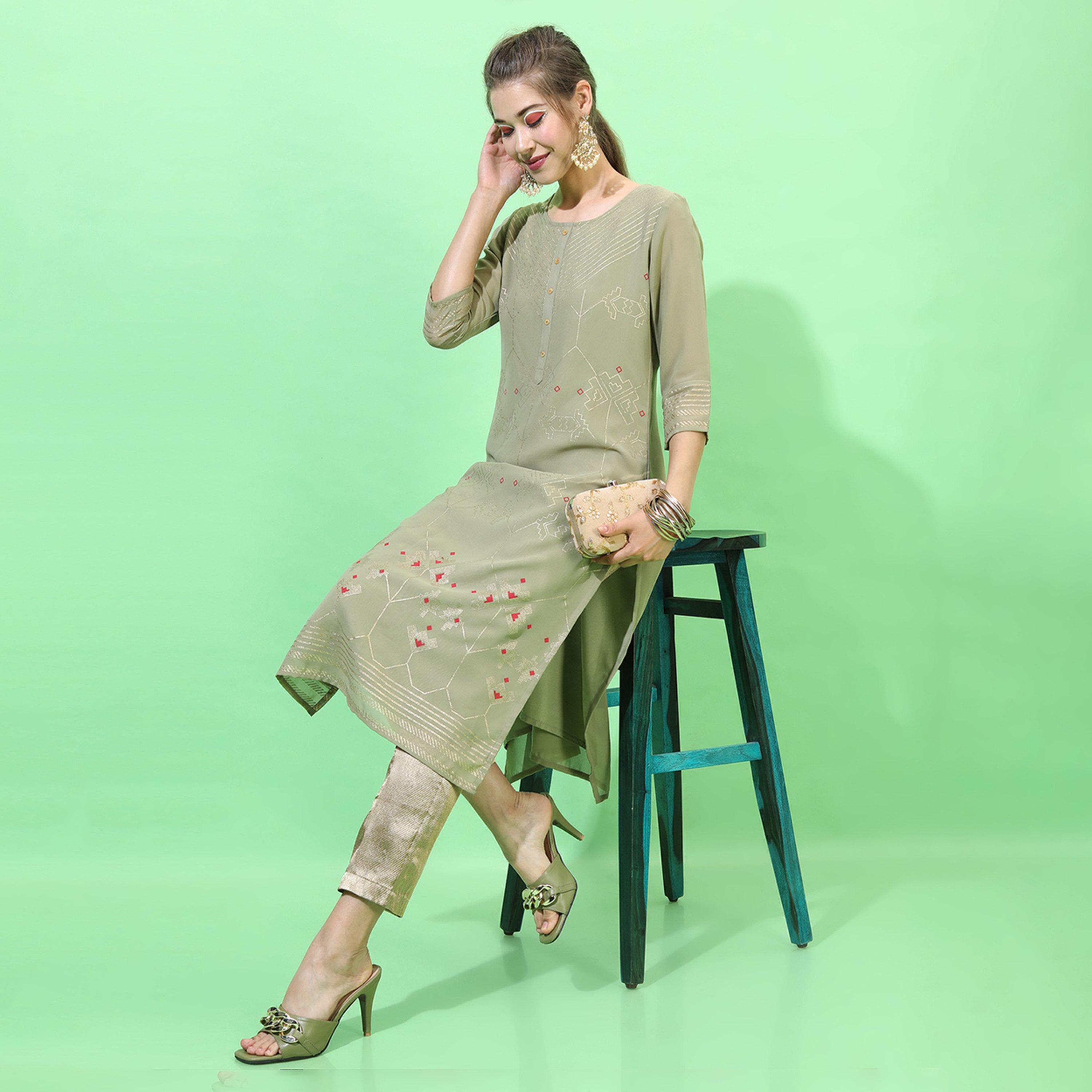 Vishudh X Styli Women Olive Green & Red Geometric Printed Georgette Kurta-women-clothing-ethnicwear-kurtas-image-2