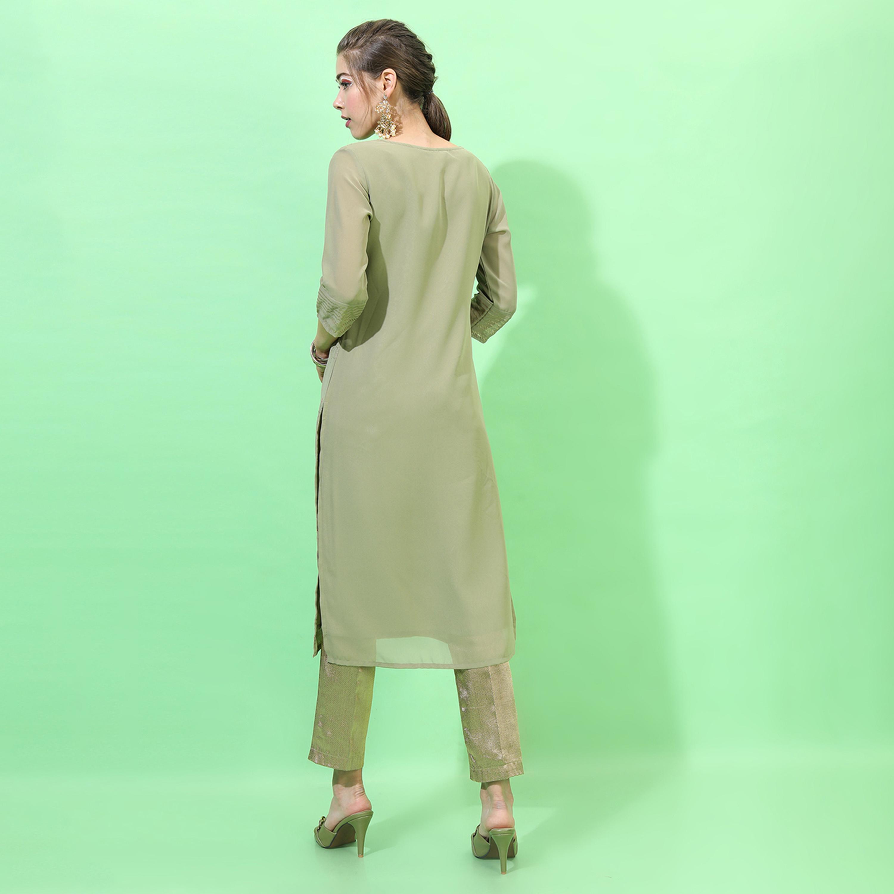 فيشود × ستايلي - كورتا جورجيت نسائية بطبعة هندسية - أخضر زيتي وأحمر-women-clothing-ethnicwear-kurtas-image-3