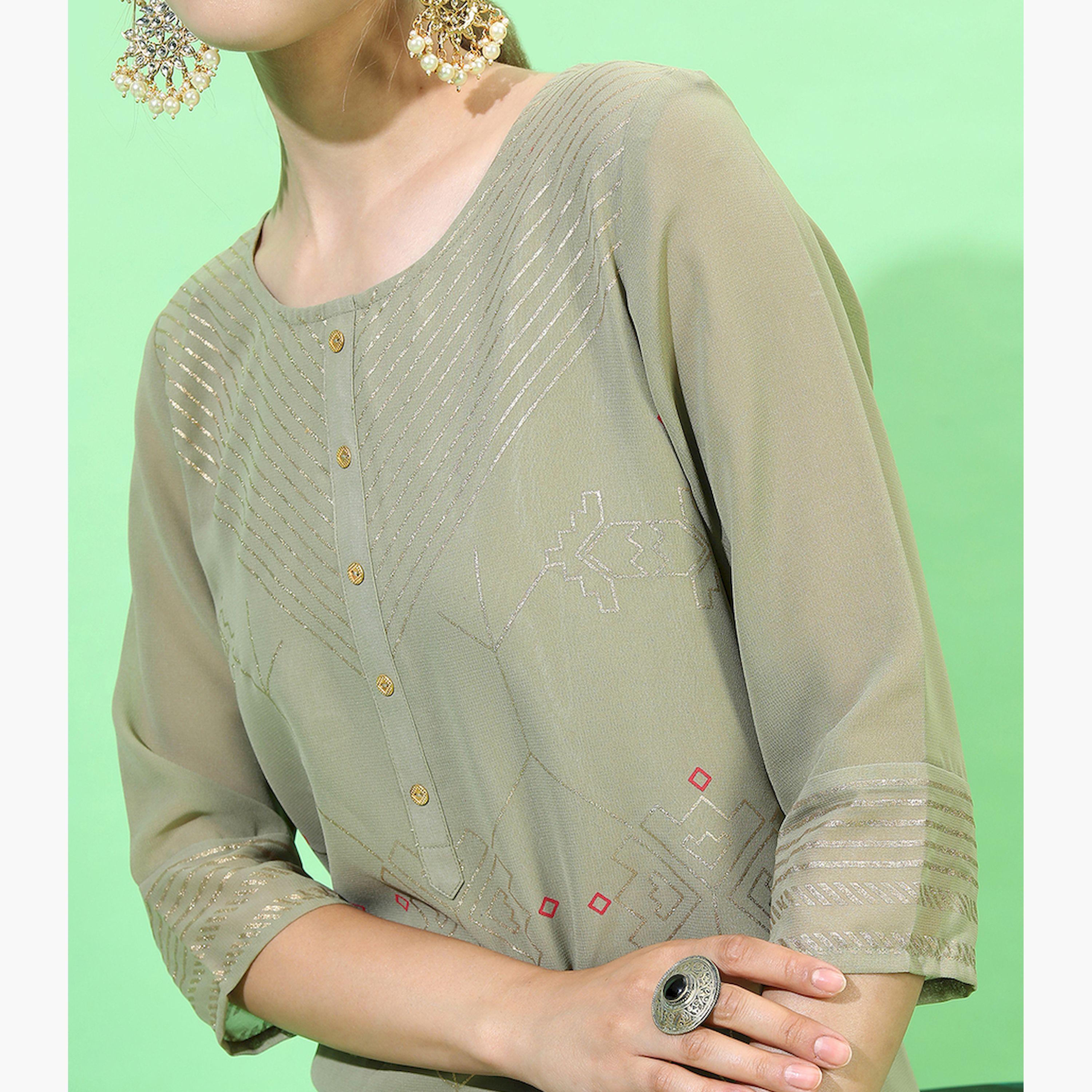 Vishudh X Styli Women Olive Green & Red Geometric Printed Georgette Kurta-women-clothing-ethnicwear-kurtas-image-4
