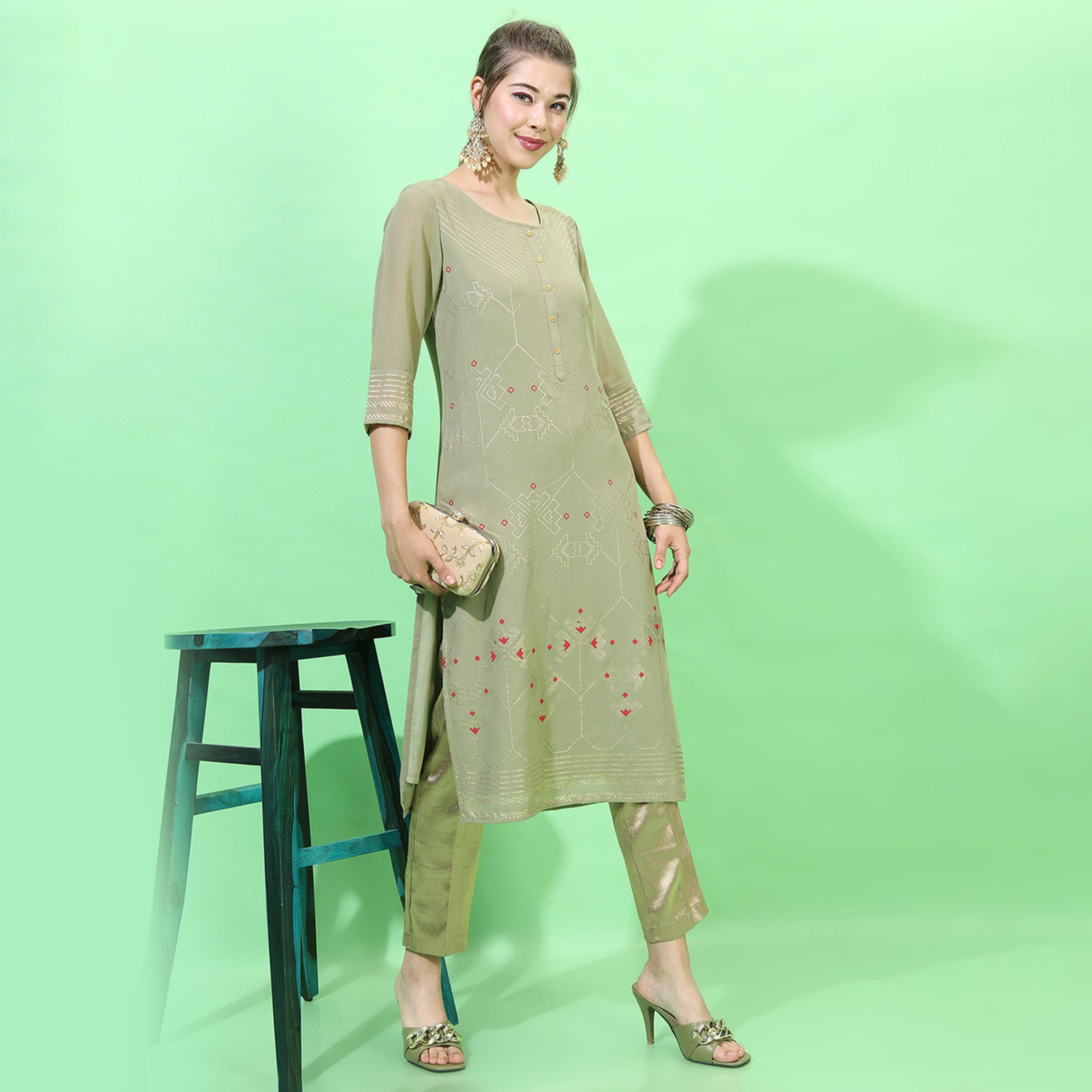 فيشود × ستايلي - كورتا جورجيت نسائية بطبعة هندسية - أخضر زيتي وأحمر-women-clothing-ethnicwear-kurtas-image-5