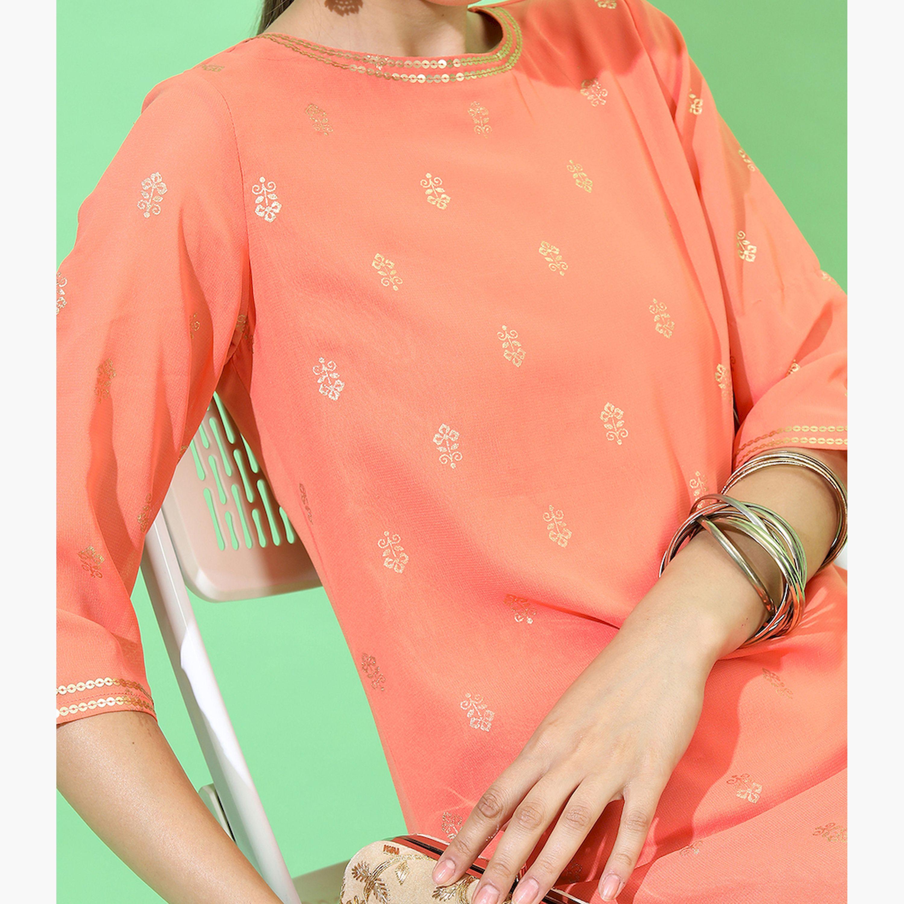 فيشود × ستايلي - كورتا جورجيت نسائية باللون البرتقالي بتطريز هندسي-women-clothing-ethnicwear-kurtas-image-4