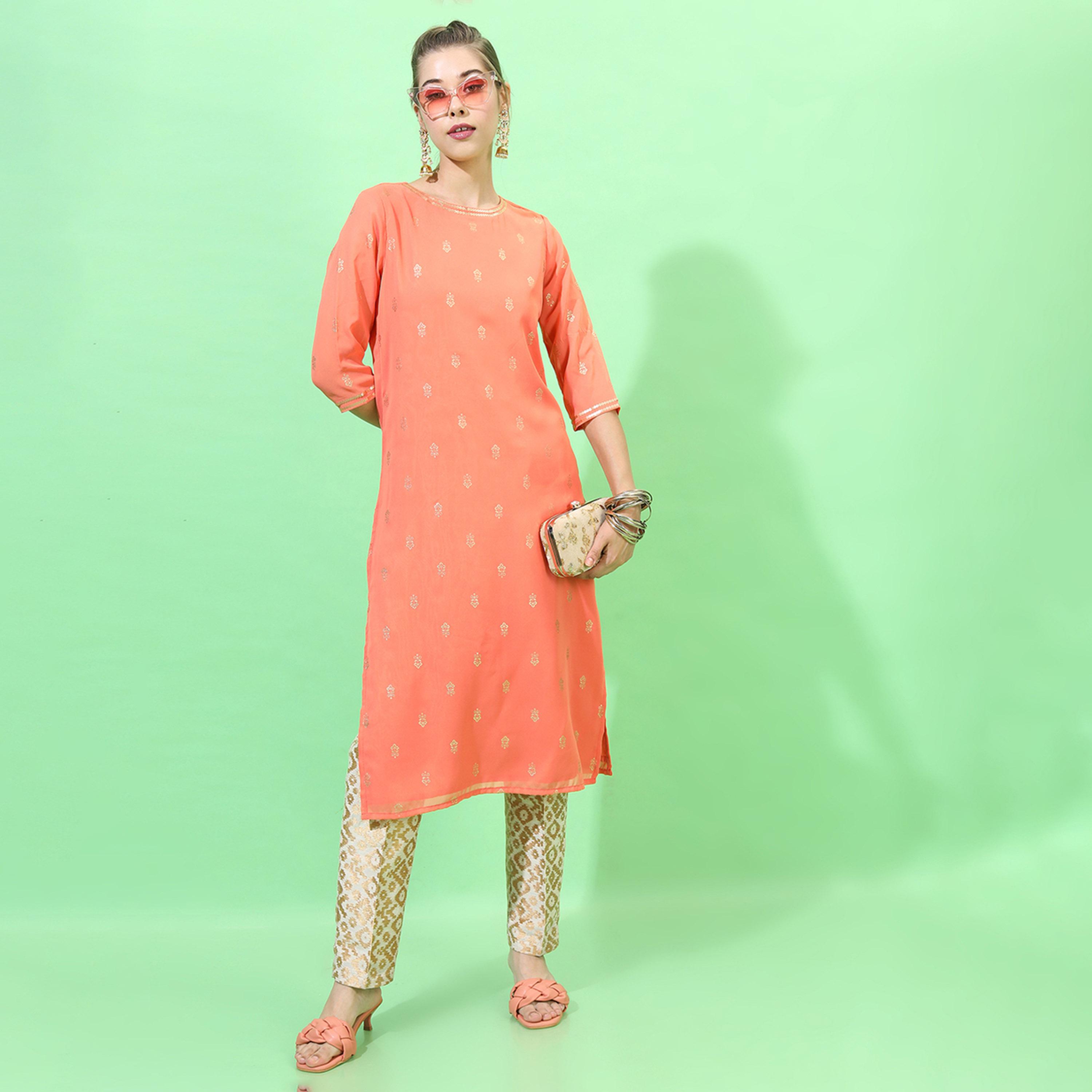 Vishudh X Styli Women Orange Geometric Embroidered Thread Work Georgette Kurta-women-clothing-ethnicwear-kurtas-image-5