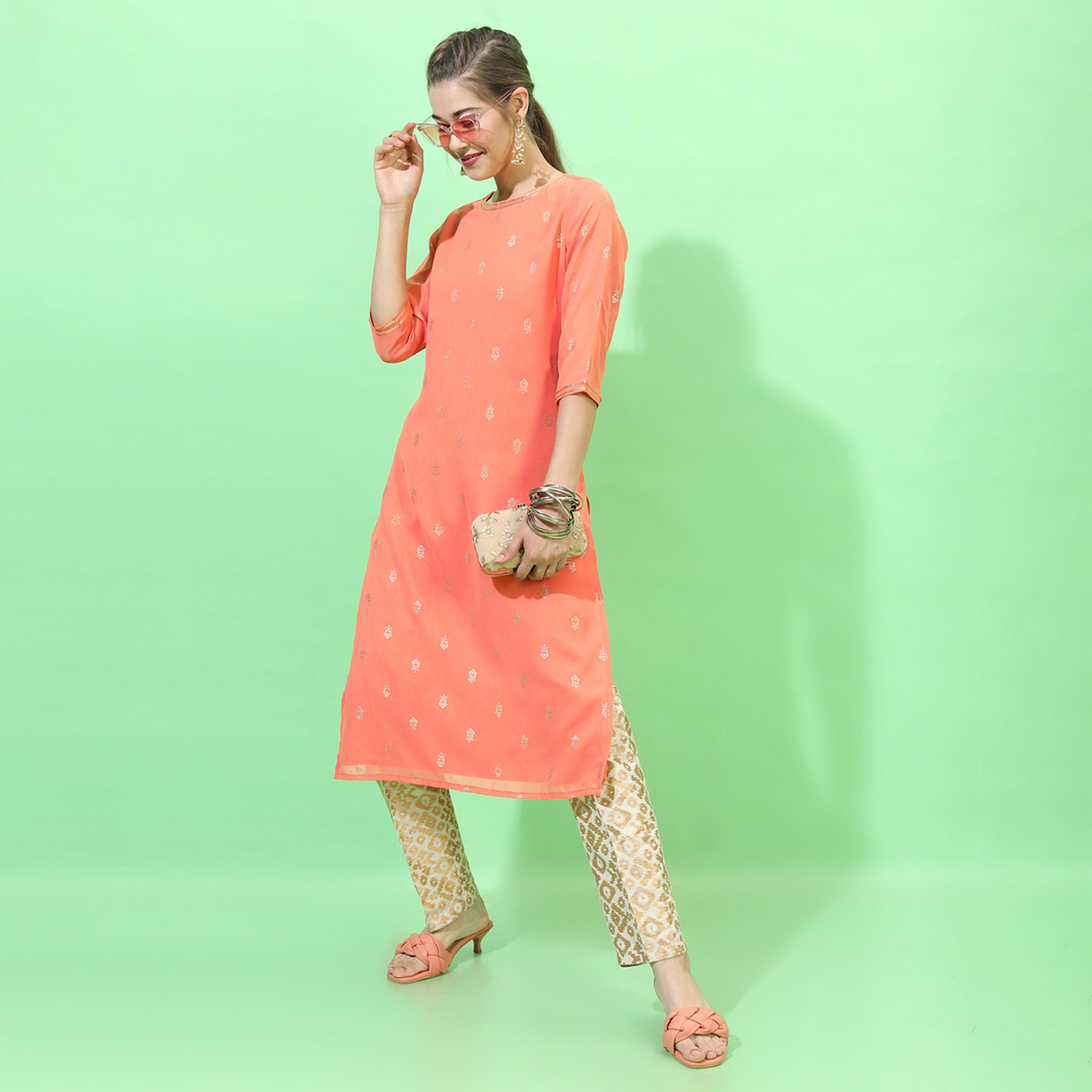 Vishudh X Styli Women Orange Geometric Embroidered Thread Work Georgette Kurta-women-clothing-ethnicwear-kurtas-image-6