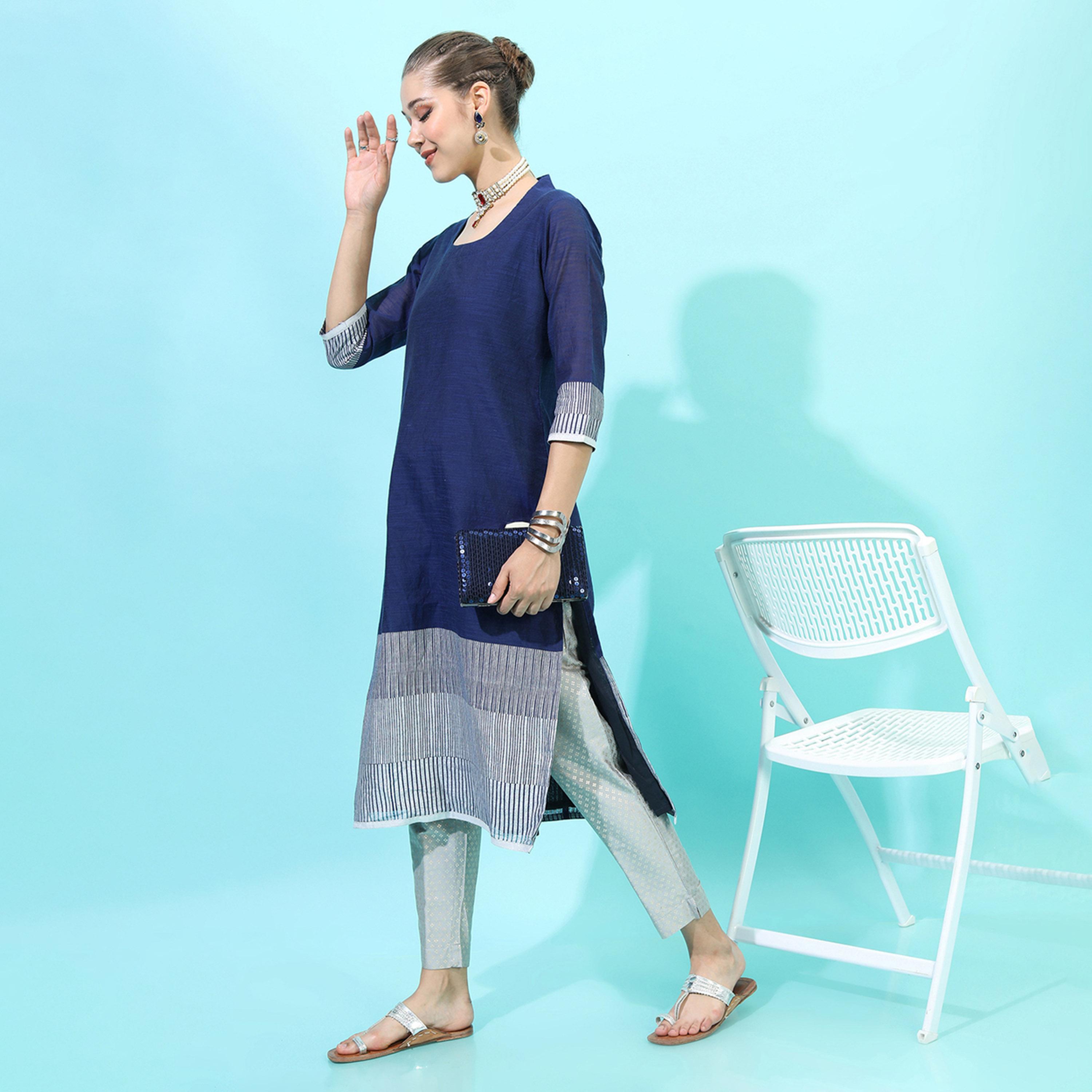 Vishudh X Styli Women Navy Blue & Grey Colourblocked Shawl Neck Kurta-women-clothing-ethnicwear-kurtas-image-2