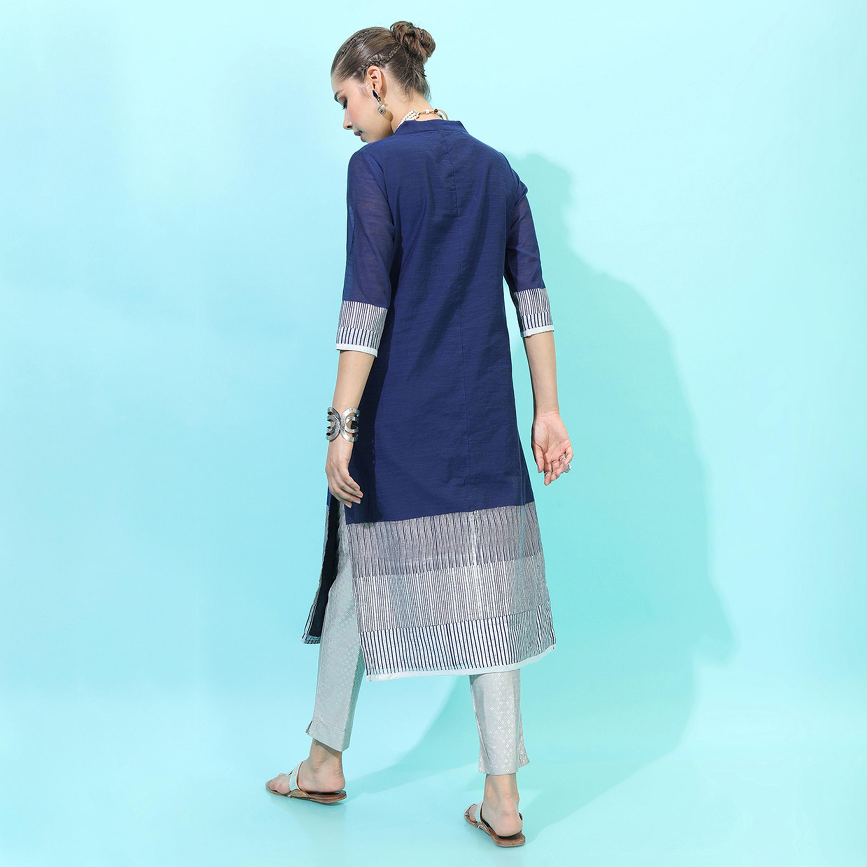 Vishudh X Styli Women Navy Blue & Grey Colourblocked Shawl Neck Kurta-women-clothing-ethnicwear-kurtas-image-3