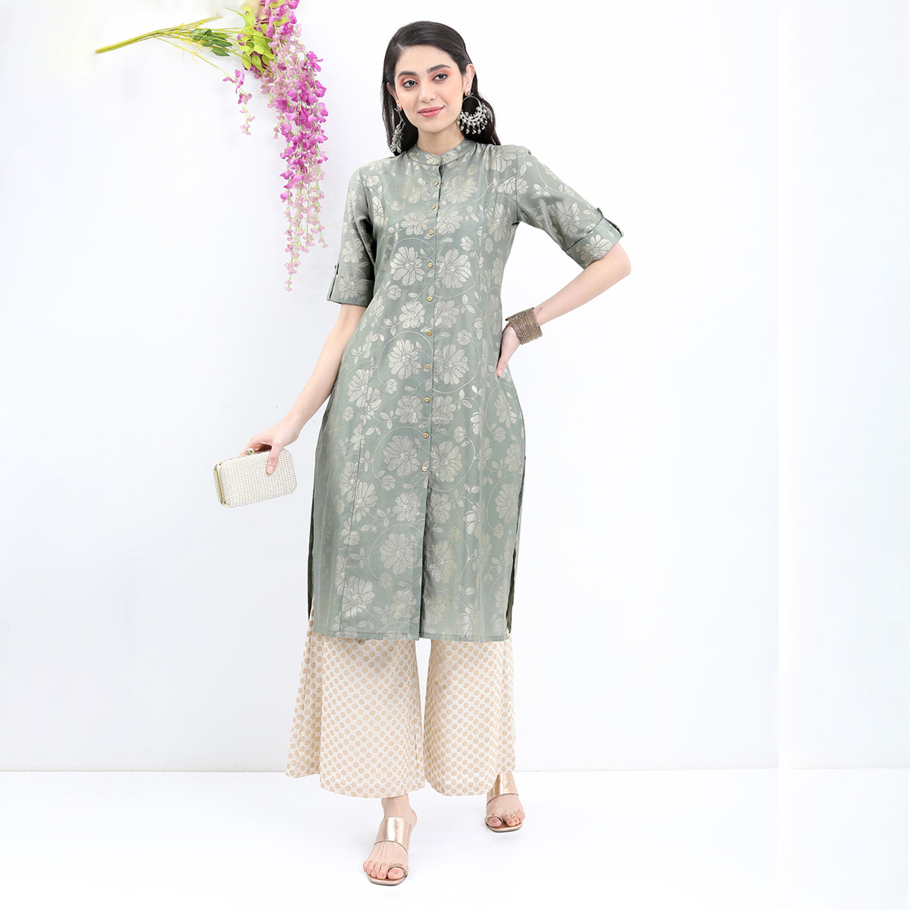 Vishudh X Styli Floral Printed Band Collar A-Line Kurta-women-clothing-ethnicwear-kurtas-image-1