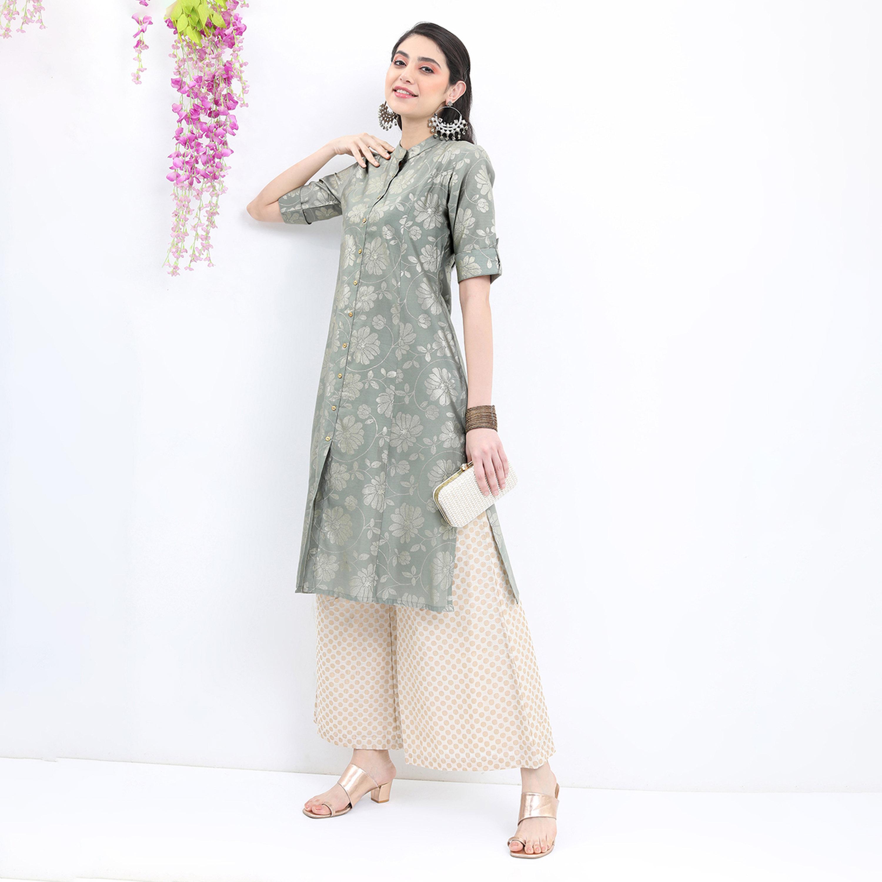Vishudh X Styli Floral Printed Band Collar A-Line Kurta-women-clothing-ethnicwear-kurtas-image-2