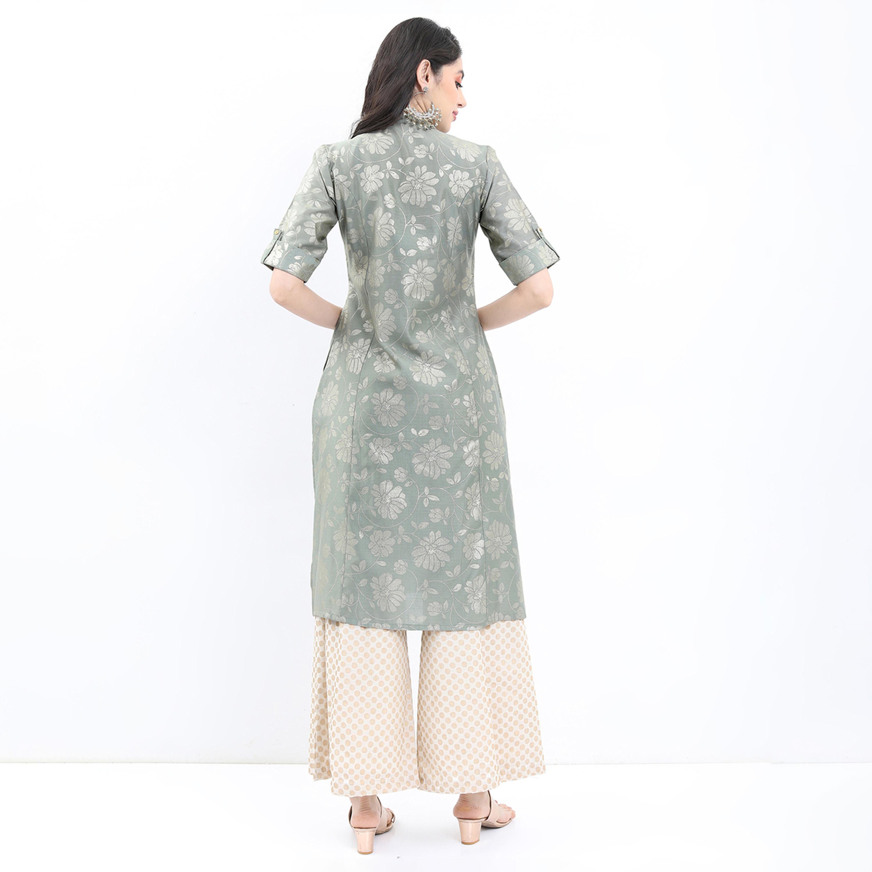 Vishudh X Styli Floral Printed Band Collar A-Line Kurta-women-clothing-ethnicwear-kurtas-image-3