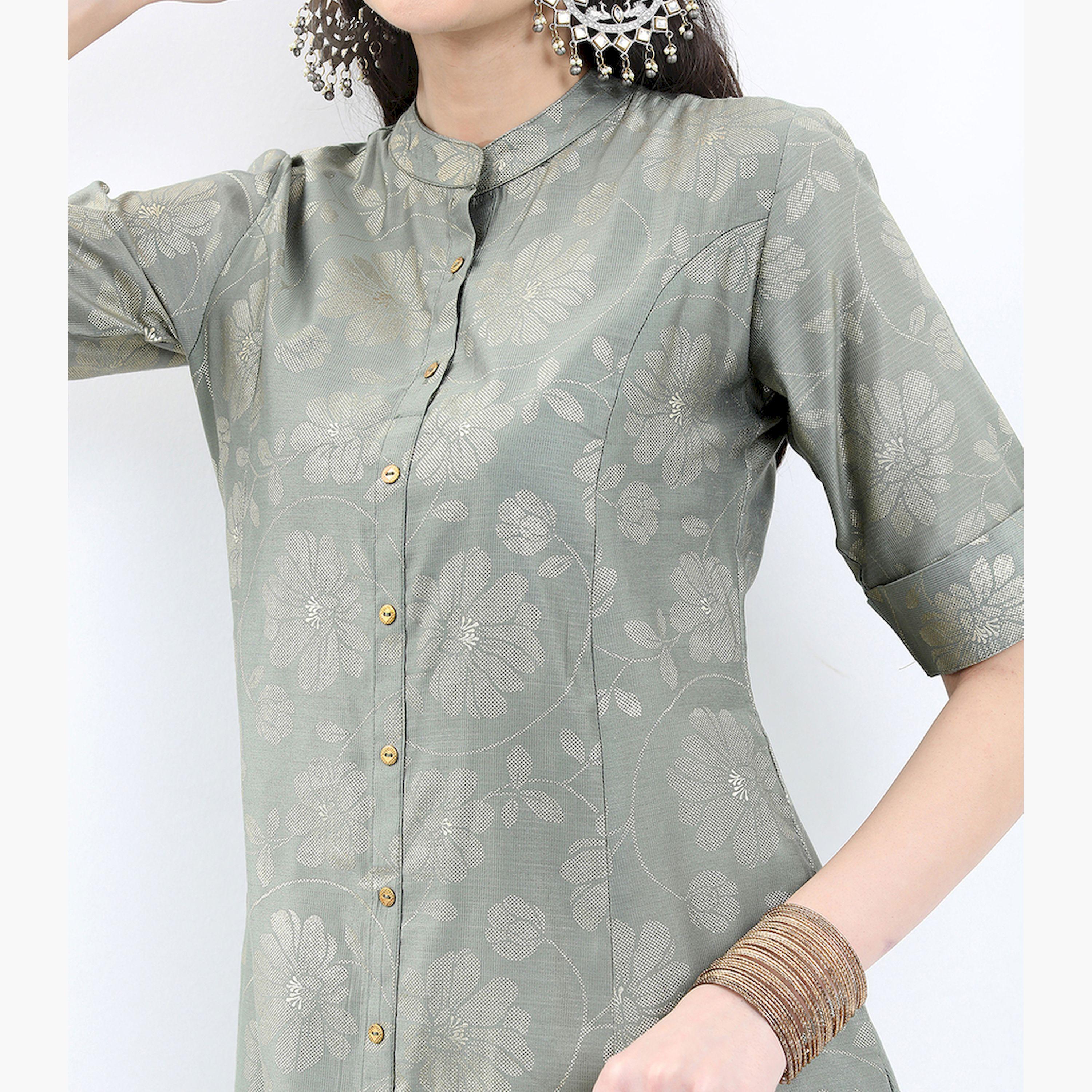 Vishudh X Styli Floral Printed Band Collar A-Line Kurta-women-clothing-ethnicwear-kurtas-image-4