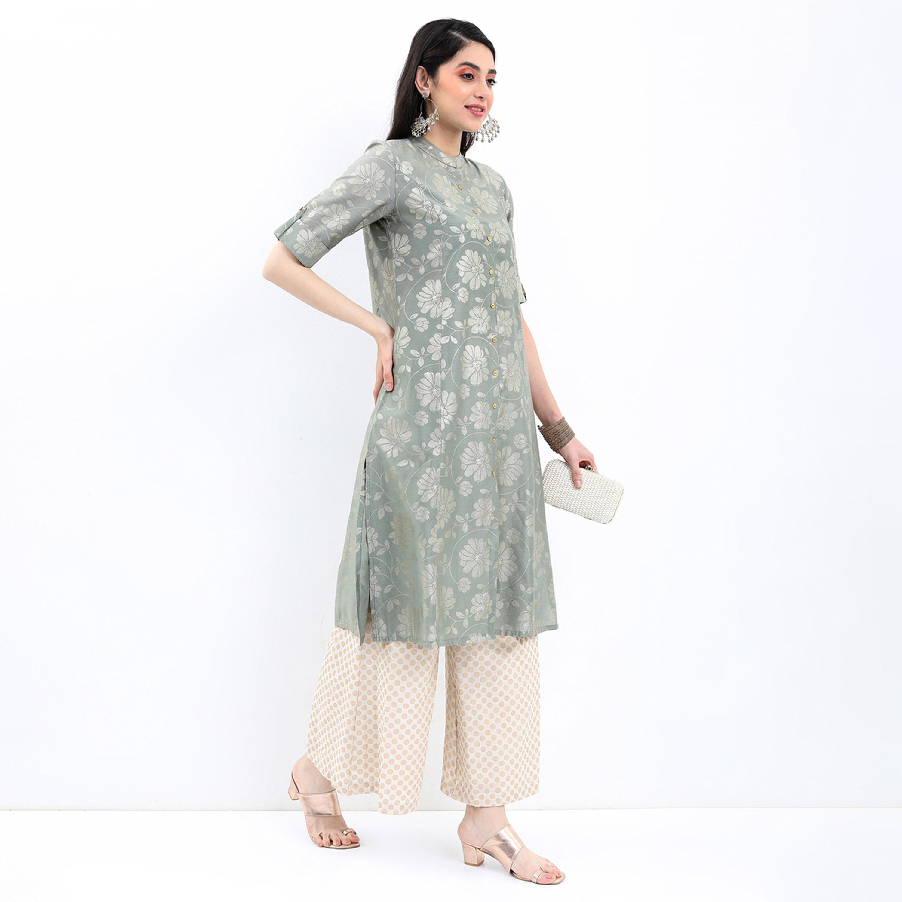 Vishudh X Styli Floral Printed Band Collar A-Line Kurta-women-clothing-ethnicwear-kurtas-image-5
